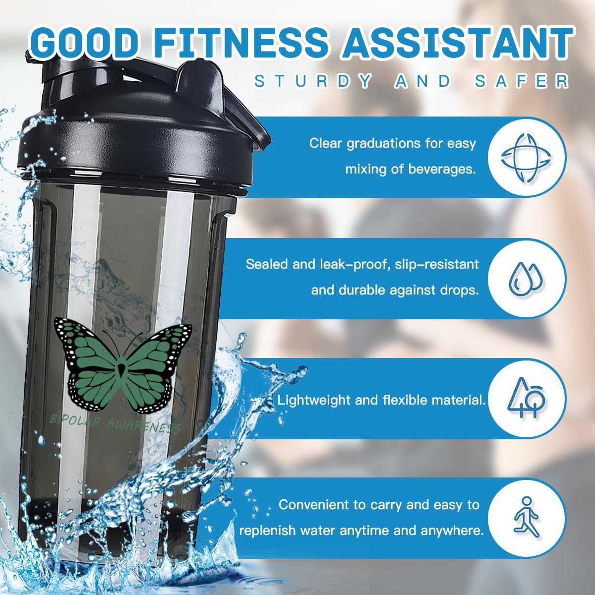 Bipolar Awareness 18 Ounce Shaker Bottle Drink Mixer Leak-proof Pre Workout Protein Shakes Meal Replacement Shakes Bottles 500ML/18 Oz Black&-1&-1-1