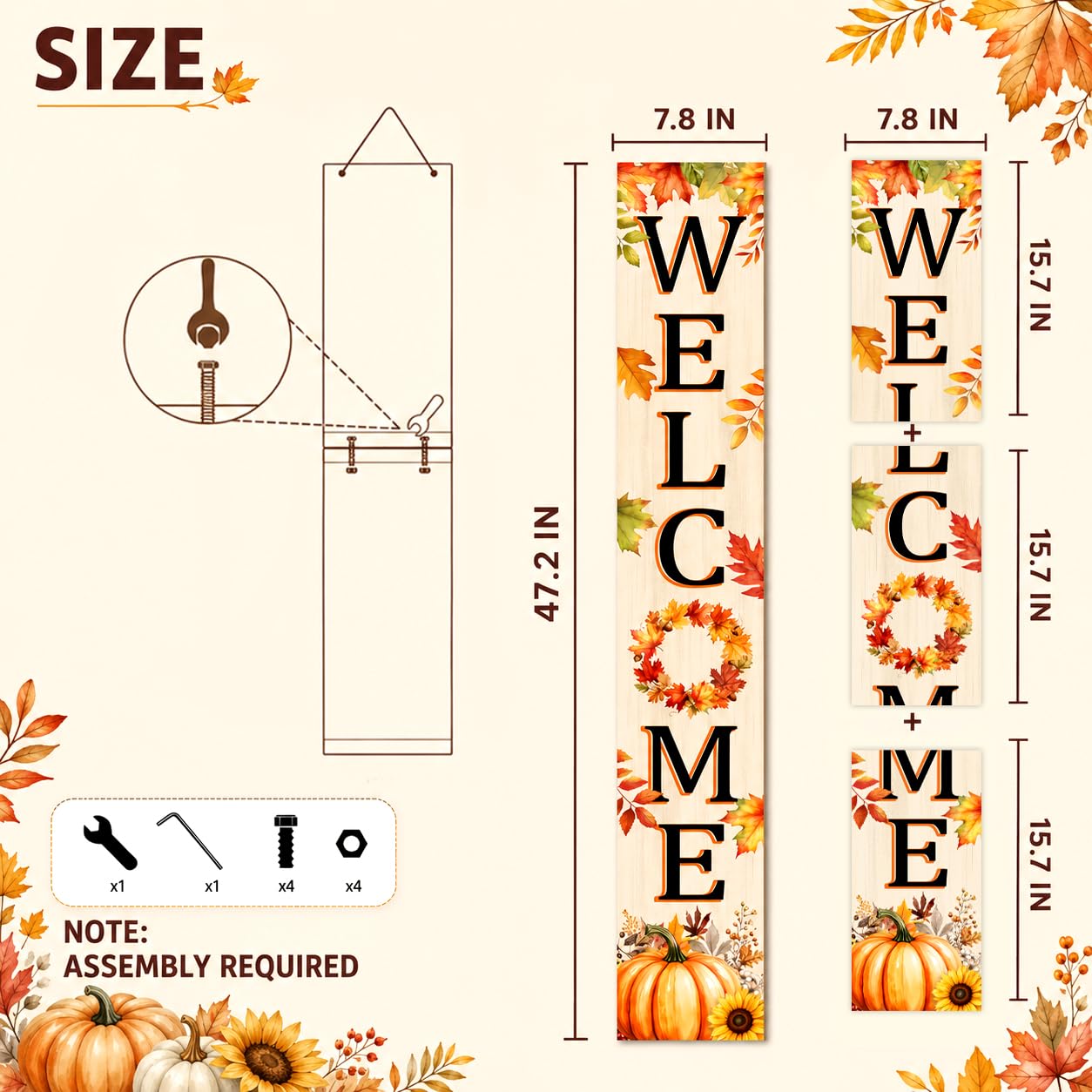 Herbst-Willkommensschild für Haustür, 119,9 cm, Herbst-Holz-Veranda-Schild, großes warmes Gruß-Türschild, Bauernhaus, vertikale Veranda, rustikal, stehend, Willkommensschilder für Terrasse, Outdoor