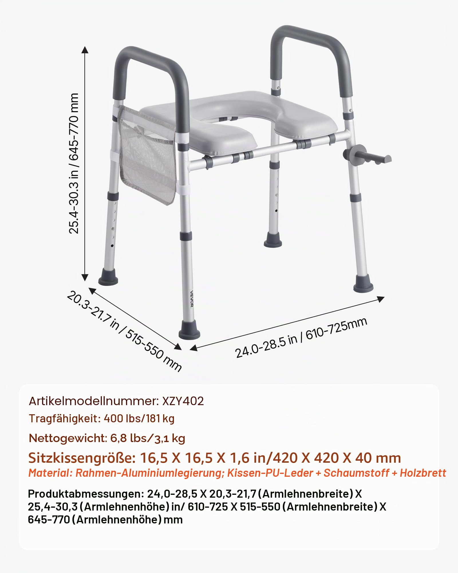 VEVOR Toilettensitzerhöhung Toilettenerhöhung (verstellbare Höhe & Breite) mit Armlehnen & 181 kg Tragkraft & 4 Beinen, erhöhter Toilettensitz für ältere Menschen Senioren Behinderte Schwangere