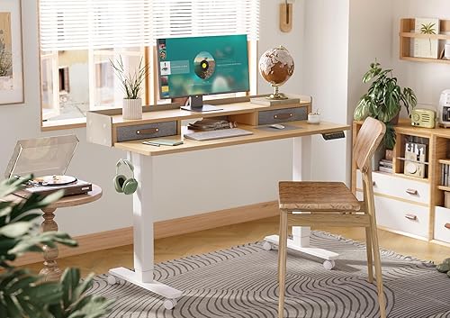 Miniatura 2 de Claiks - Escritorio de pie con cajones, escritorio de pie eléctrico de altura ajustable, escritorio de soporte con estante de almacenamiento y