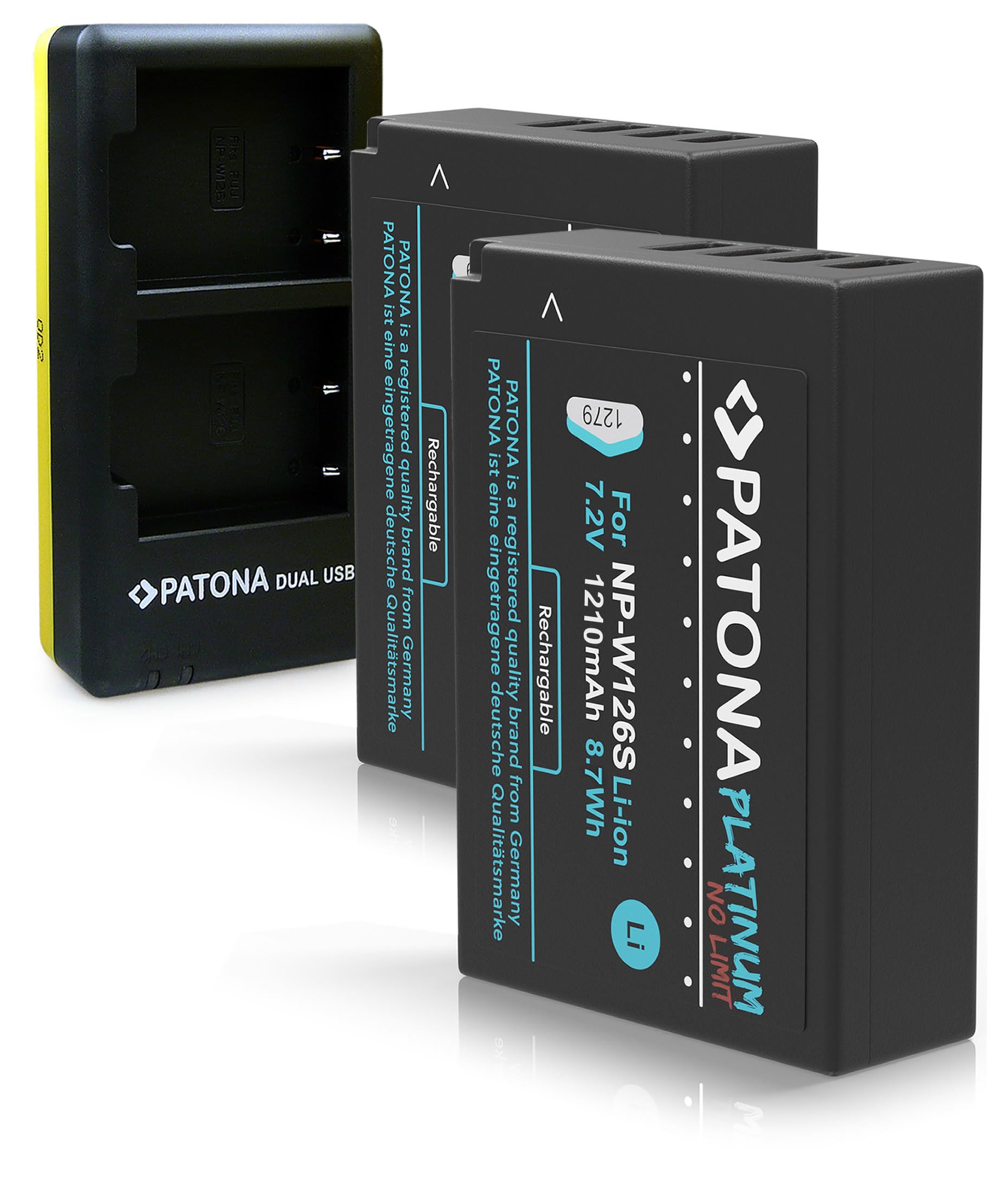 PATONA 2x Batteria NP-W126s Platinum + Caricatore Dopio NPW126s USB-C Caricabatteria NP W126s compatibile con Fujifilm FinePix HS30EXR HS50EXR XT1 XT2 XT3 XT100 XT200 XPRO2 XPRO3 XA3 XA5 XA7 XA10