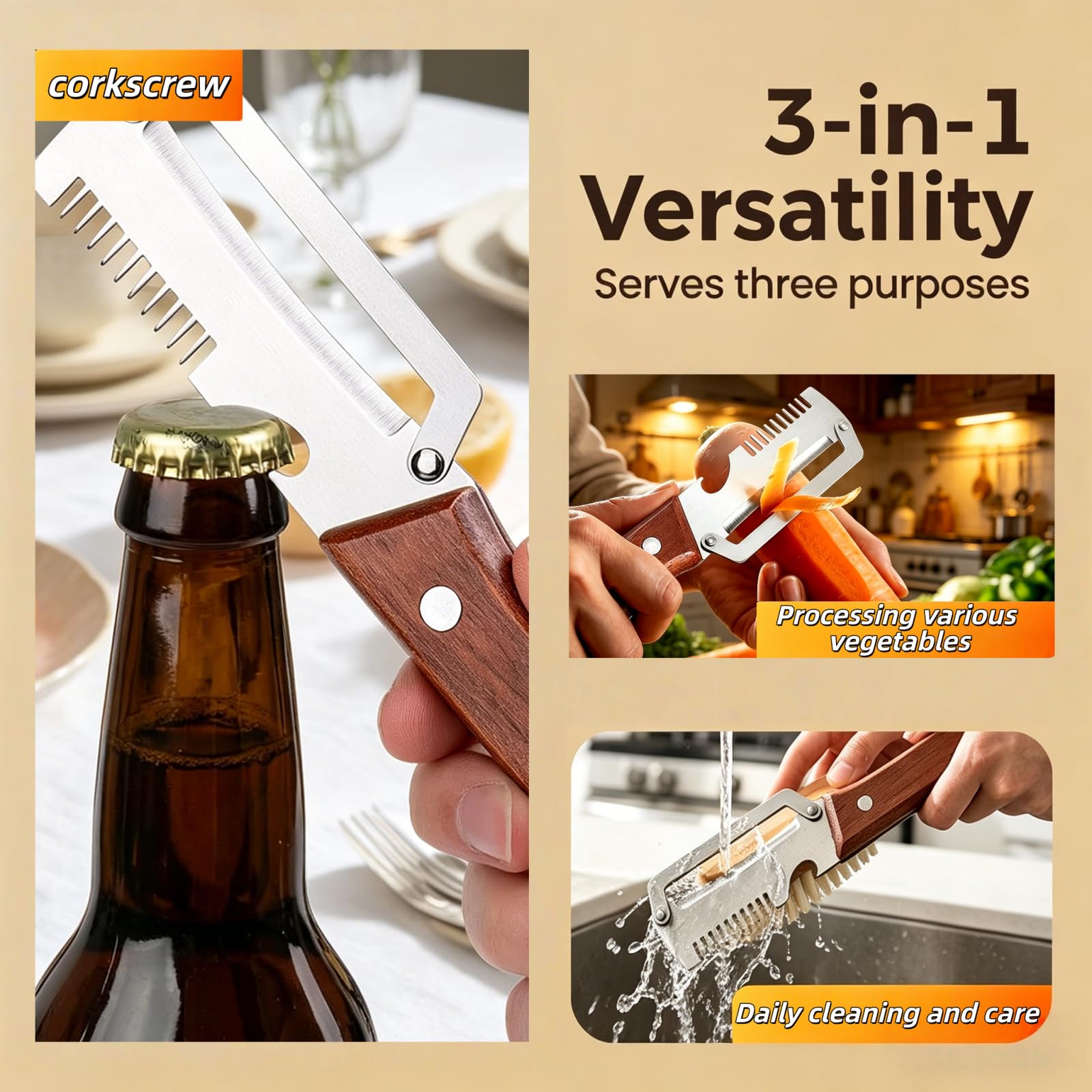NEW Premium Vegetable Peeler with Wooden Handle and Bottle Opener: 2-in-1 Stainless Steel Kitchen Tool for Fruit Apple Potato Pumpkin Papaya (1Pack) — view 6