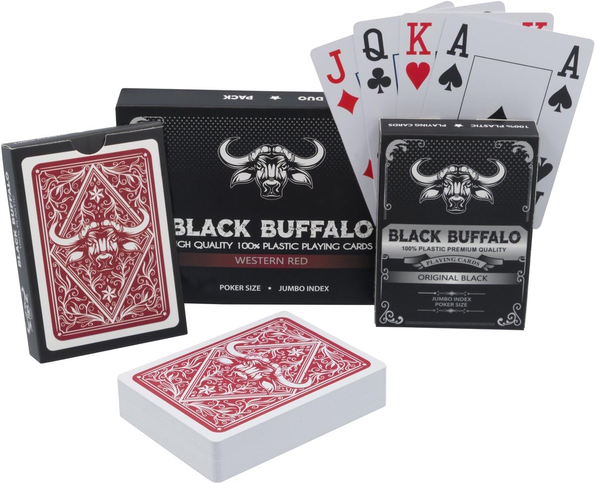 Black Buffalo Playing Cards – Wasserfeste Pokerkarten von Plastik – 4 Eckzeichen mit Jumbo Index – Doppelpack Schwarz und Rot