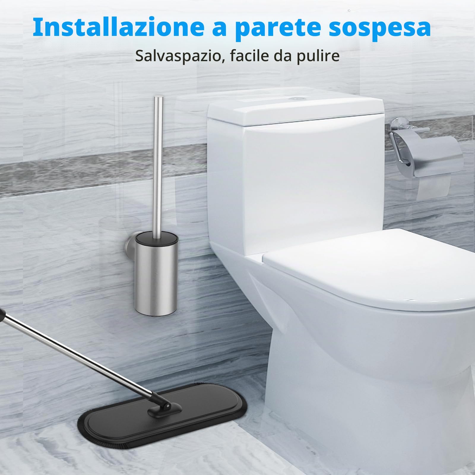 Spazzola per WC in acciaio inox 304, set per WC con montaggio a parete e porta scopino – Include 2 testine (Round Silver)