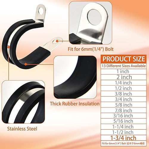Miniatura 2 de Histely - Paquete de 75 abrazaderas de cable de acero inoxidable de 1-34 pulgadas con pernos y tuercas, abrazadera aislada acolchada de goma,
