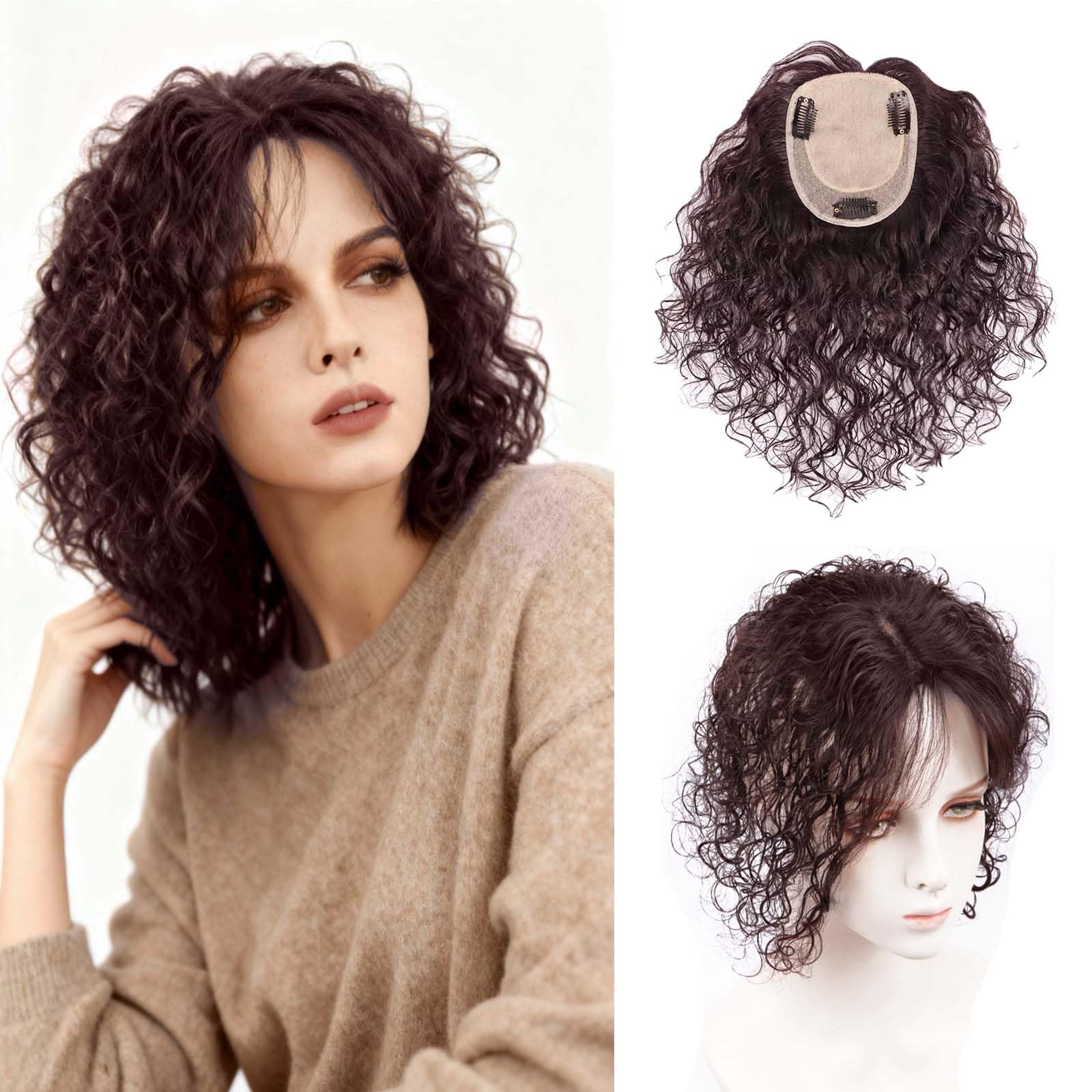 Echthaar-Topper mit Seidenbasis für Damen, 30 cm lange Clip-in-Ponyfrisur, lockig-wellig, ideal für dünnes Haar, 10 x 12 cm Basis mit Clips, 100% Echthaar, dunkelbraun