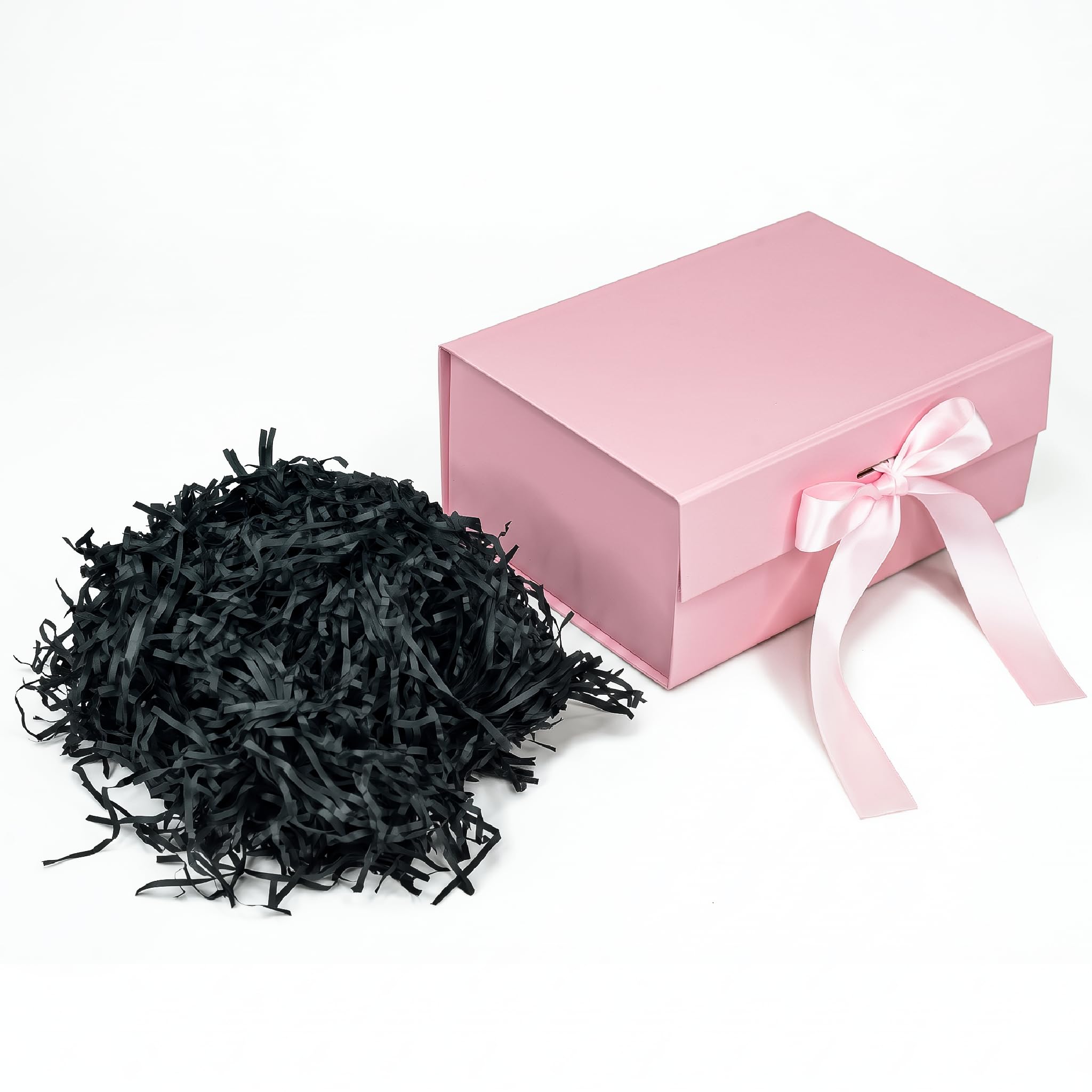 RBS®-Pink Gift Box with Black Filler 23x16x10cm Empty Hamper Box for Gifting Holds Upto 5kg Sturdy Cardboard Gift Boxes 25g Decorative Shredded Paper Birthday, Christmas, Diwali Packing (Black Filler)