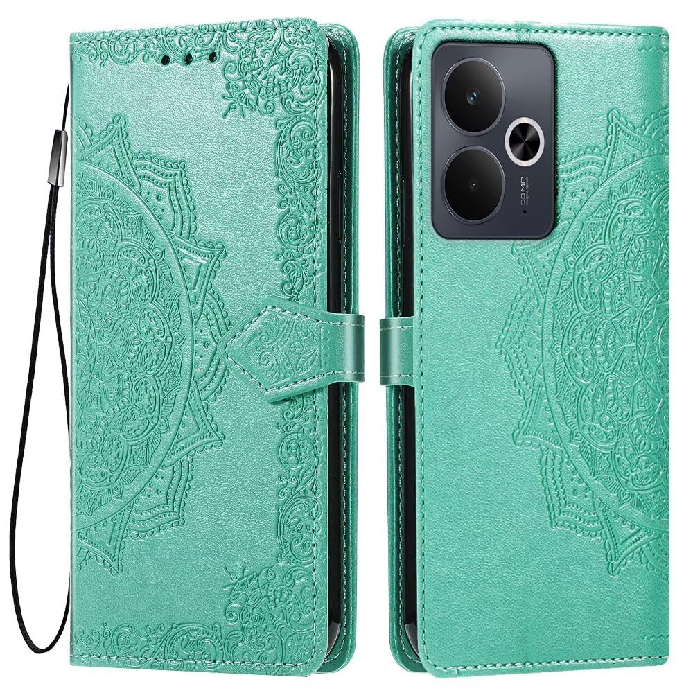 HONLEN Etui na telefon Realme 14 5G / Realme 14T 5G, (16,94 cm) klasyczne portfelowe etui z magnesem, okładka z 3 przegródkami, wzór mandala, kolor zielony