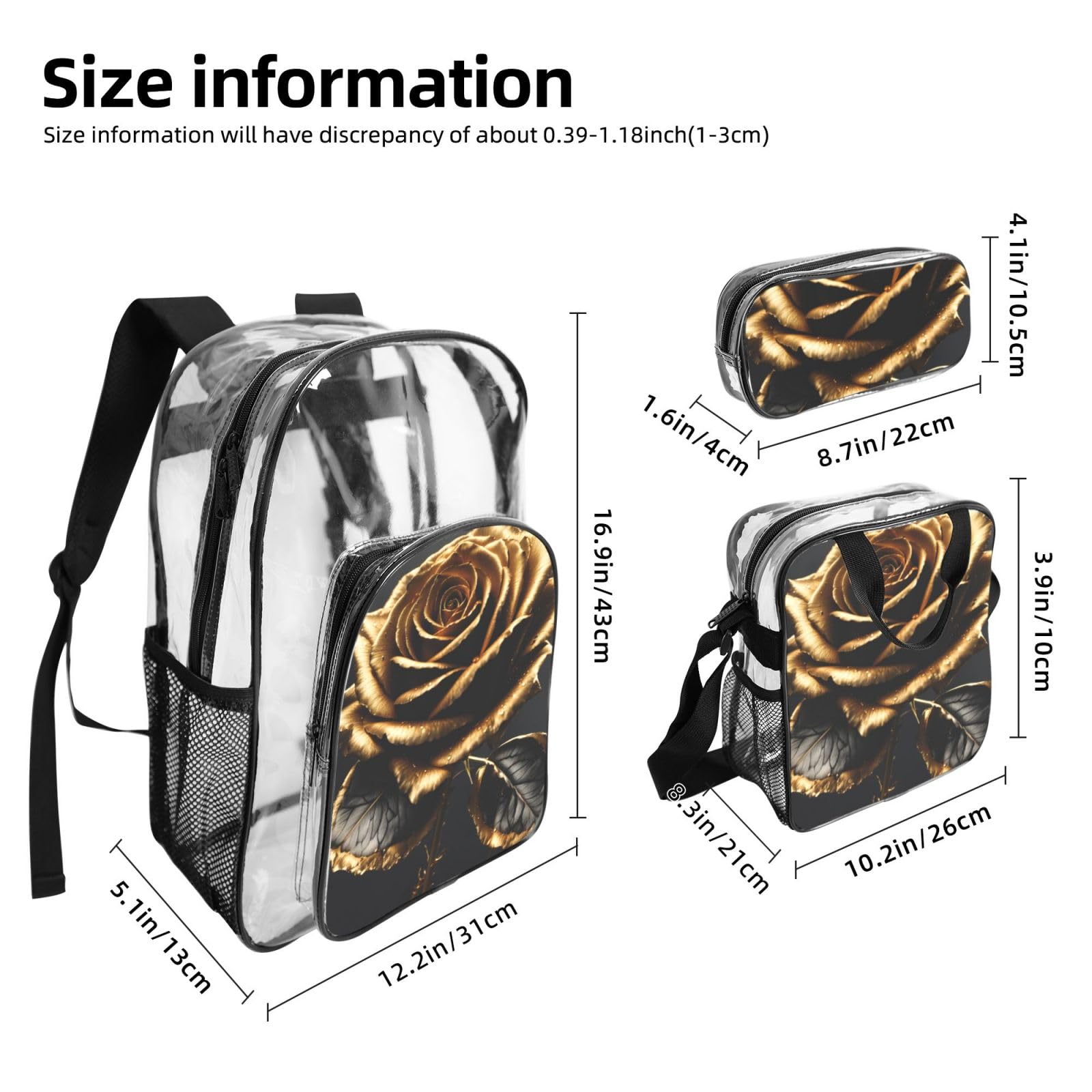 Juego de mochila transparente unisex con estampado de flores negras y doradas, 3 piezas, bolsa de almuerzo, estuche para bolígrafos, viajes al aire libre
