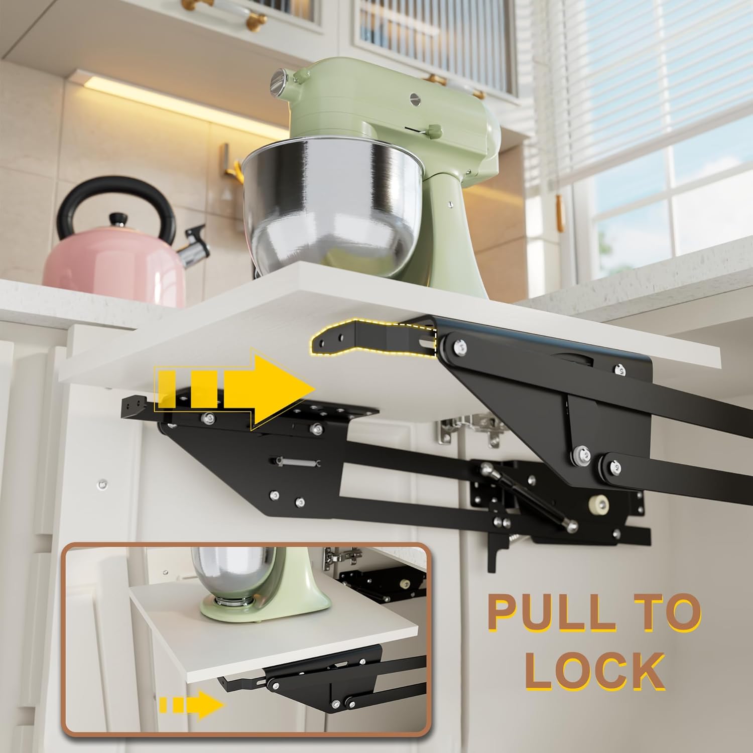 Mixer Lift for Cabinet, Appliance Lift for Cabinet with Soft-Close Spring-Loaded Locking Mechanism and Mounting Base, Shelf Not Included, Lift Assist for Mixers, Blenders, and More