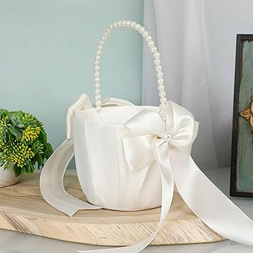 BFYDOAA Ring Bearer Pillow and Flower Girl Basket Set for Wedding - 7"x7" White Satin Wedding Ring Cushion Pearl Handle Flower Girl BasketsOnly Basket