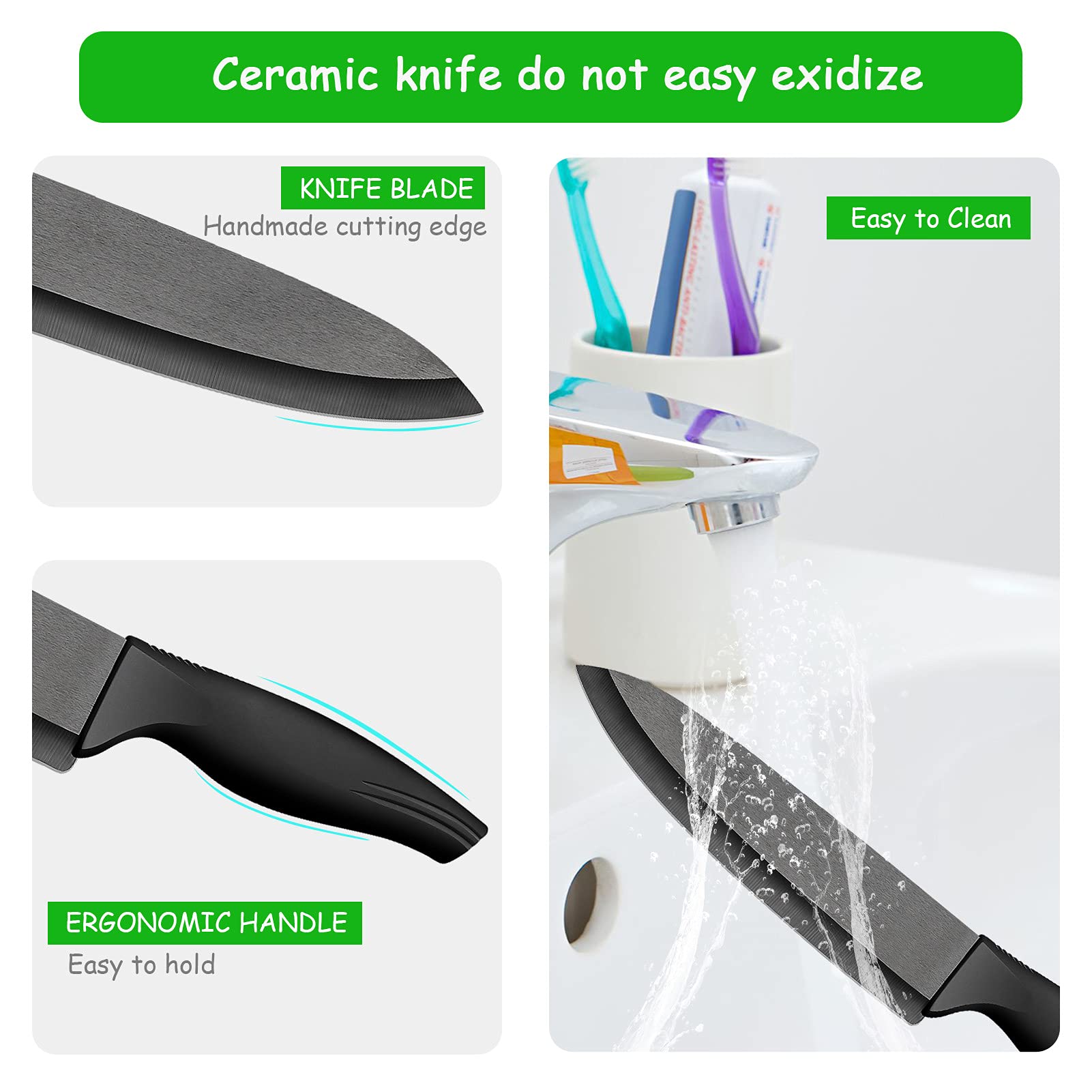 Coltello Santoku Ceramica Nero 7 Pollici Professionale con Manico Ergonomico Affilato Leggero