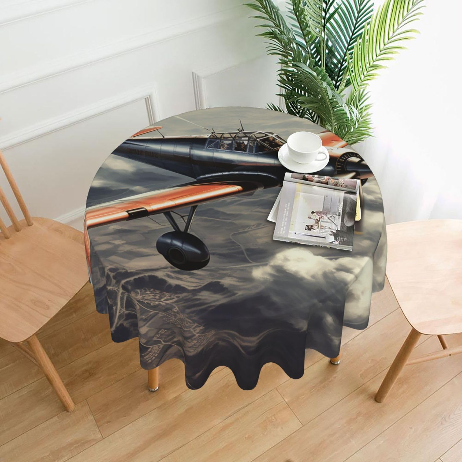 FodPand Retro Airplane Tablecloths for Round Tables 60 Inch - Reusable Washable Dining Table Clothes - Stain and Wrinkle Resistant Decorative Fabric Table Cover for Wedding Party