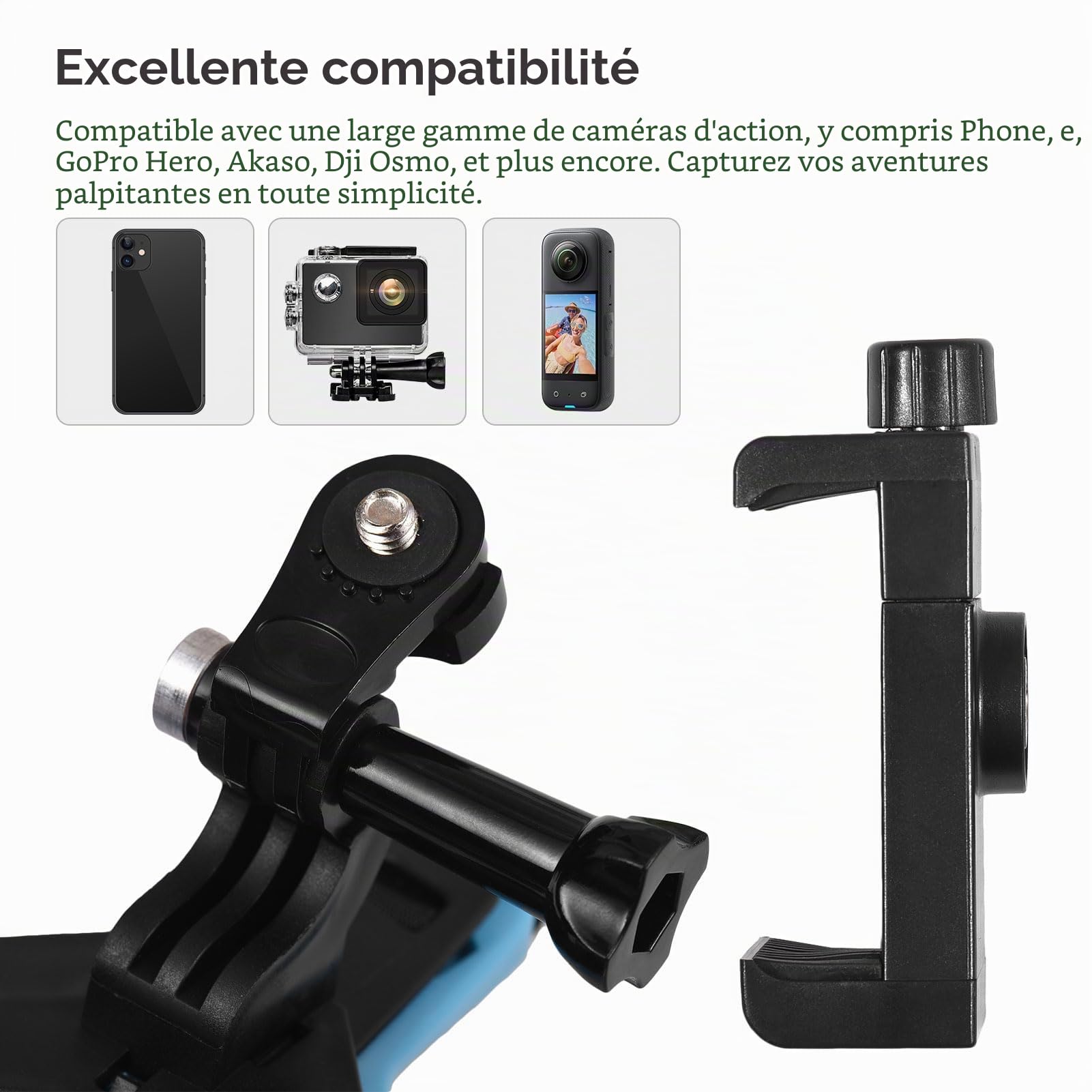 Support de caméra de casque pour caméra d'action avec adaptateur et clip pour téléphone portable compatible avec Osmo/AKASO