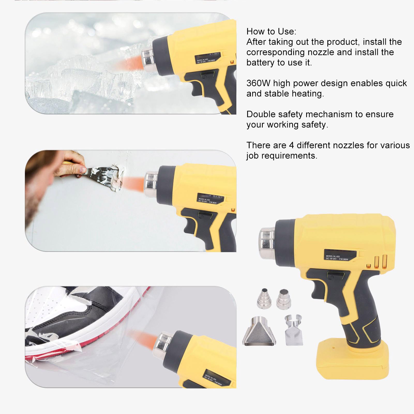 FLEXMAN Cordless Heat Gun, 360W 400 ? Hot Air Gun NL 605 Quick Heating Tool with 4 Nozzle for Automotive Film, Softening Wire, Shrinking Plastic Film