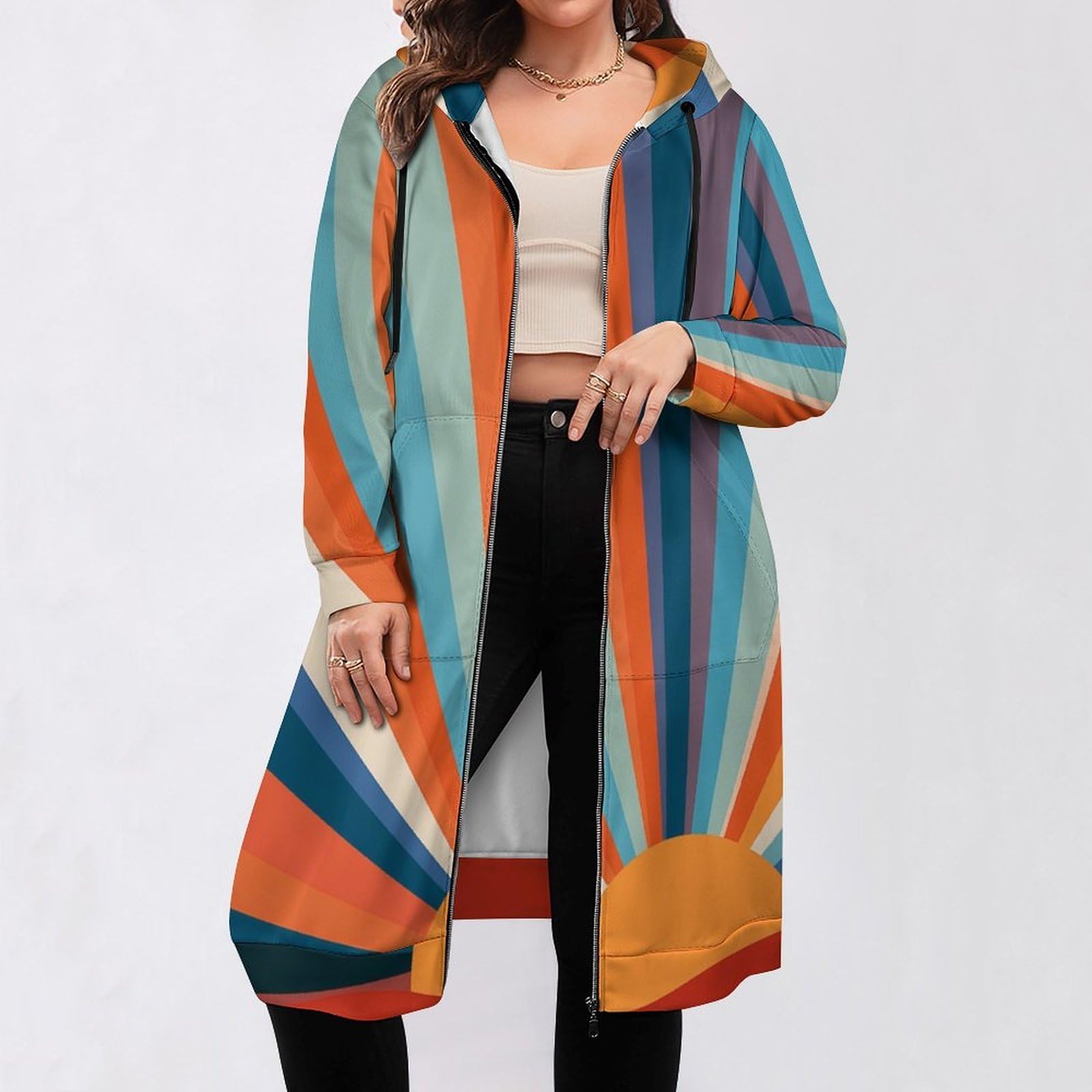 Felpa Donna con Zip Felpe Sportiva con Tasche E Cappuccio Motivo Sole retrò Morbida Invernale Giacca Regolabile Confortevole per Uso Quotidiano Casual