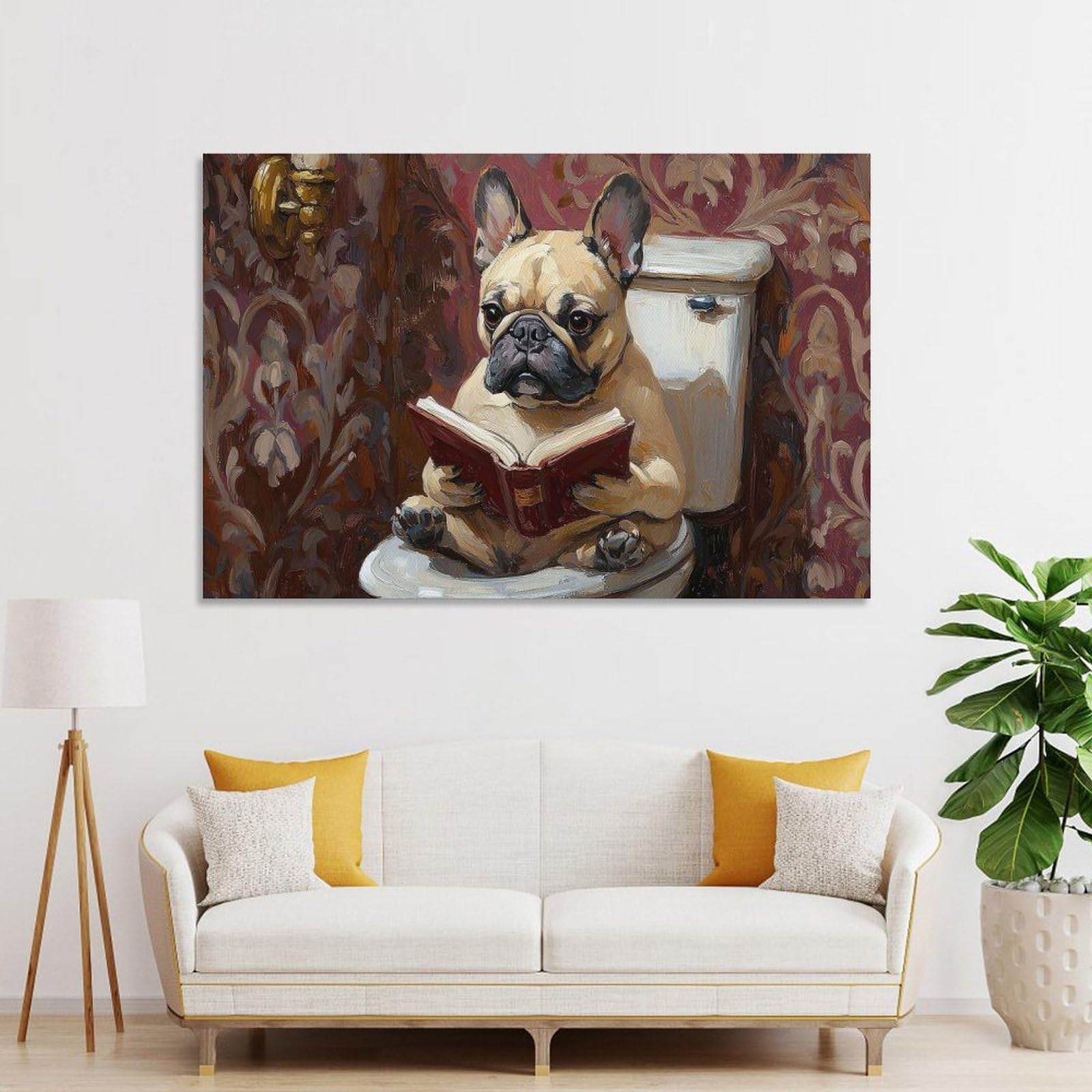 Junmoney Hanging Wall Art French Bulldog Reading on Toilet, 24x36inch(60x90cm), for Wall Displays, Bedrooms Or Room Updates, Wall Decor Suited to Curated Displays