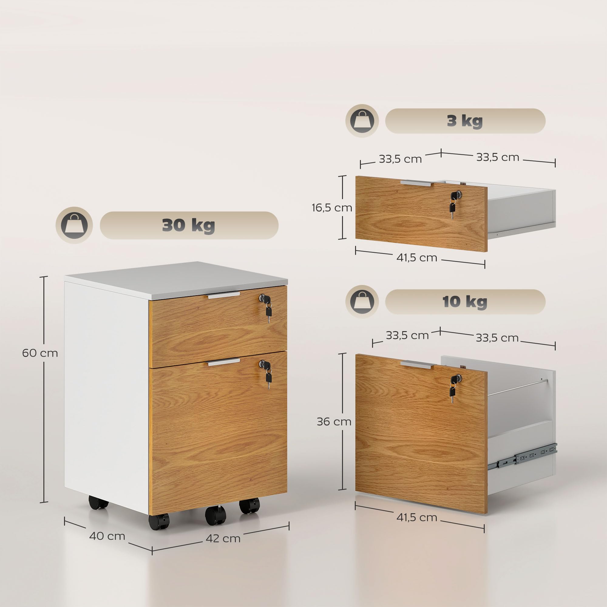 HOMCOM Bürokasten, Aufbewahrungsmöbel, Badschrank, 2 Schubladen, 2 Stangen zum Aufhängen, abschließbar, 2 Schlüssel, 4 Rollen, 42 x 40 x 60 cm, Holzoptik, Weiß und Natur