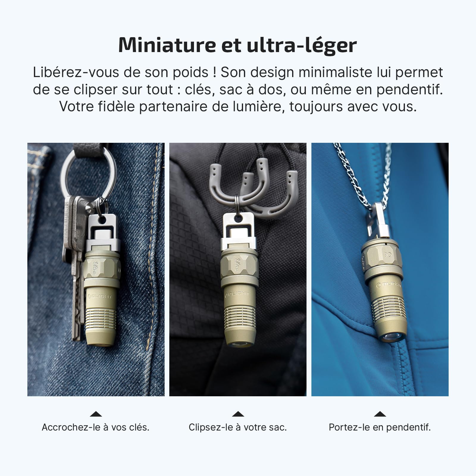 OLlGHT iUltra Mini LED Mini-Lampe de poche USB-C pour porte-clés et EDC, 80 lumens, 20g, OAL, pour gérer les urgences, les environnements sombres et les conditions météorologiques extrêmes