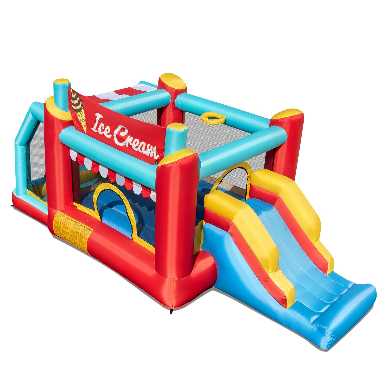 COSTWAY Castello Gonfiabile 5 in 1 per Bambini di Tema Gelato, Castello Gonfiabile con Scivolo, Canestro, Trampolino e Vasca, Gioco Gonfiabile con Anelli e Palline per Interno ed Esterno