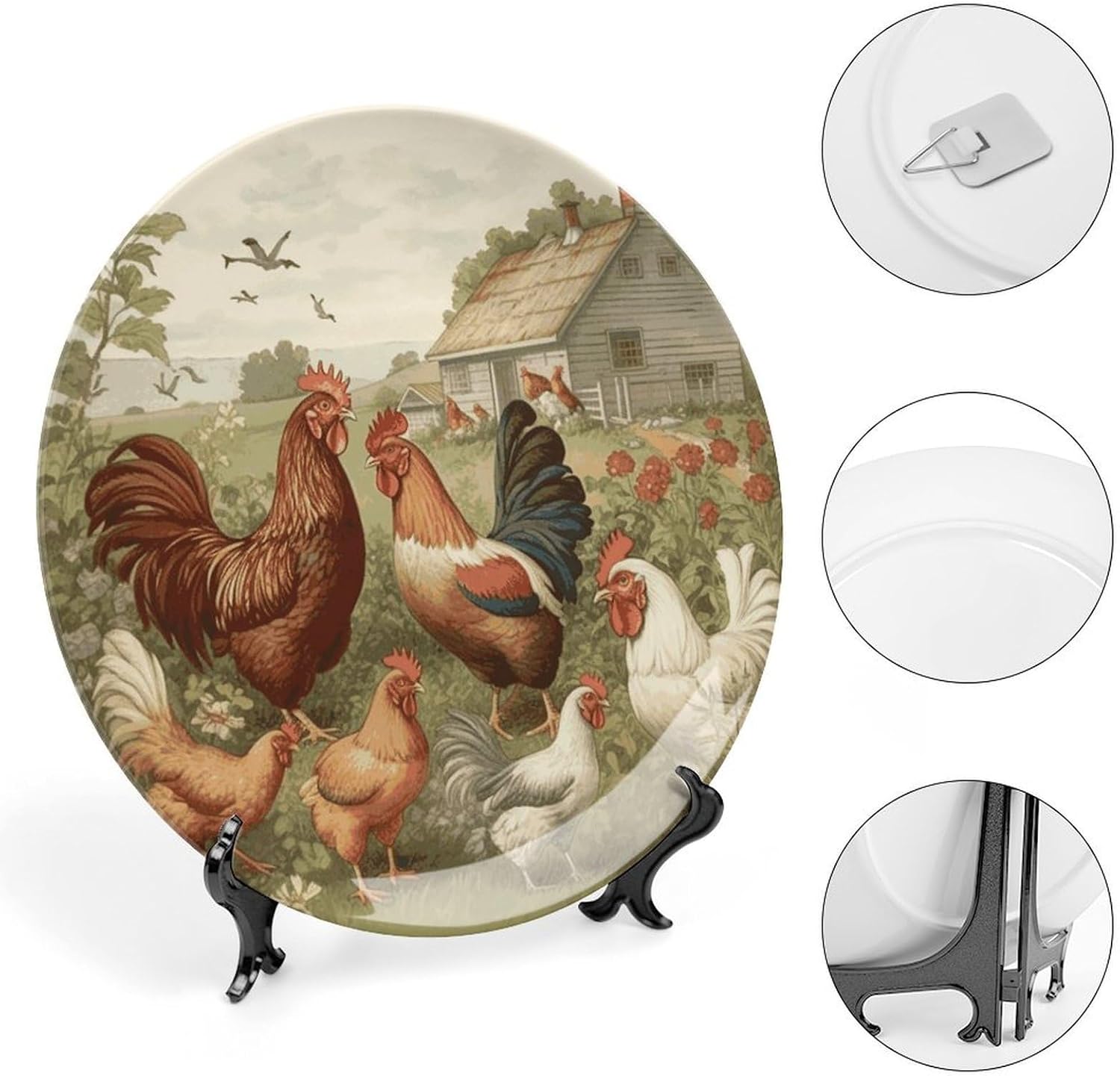 Chickens And Farm Bone China Decorative Plate with Display Stand, Ceramic Ornaments Plate for Wall Hanging, Personalized Porcelain Plates for Office, Living Room 8inch