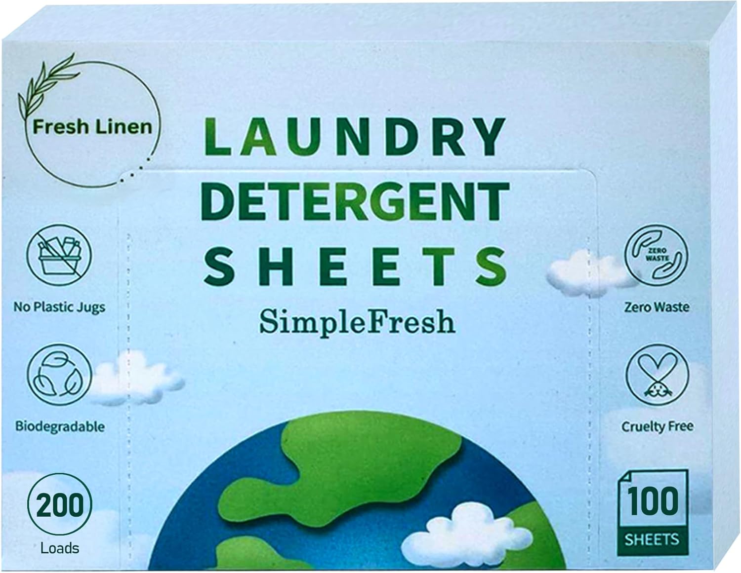 Simple Fresh Laundry sheets pack of 100, Fresh Scent - Laundry Detergent Sheets, Eco-Friendly, Plant-Based, Hypoallergenic, No Plastic Jug (200 Loads, Fresh Linen)