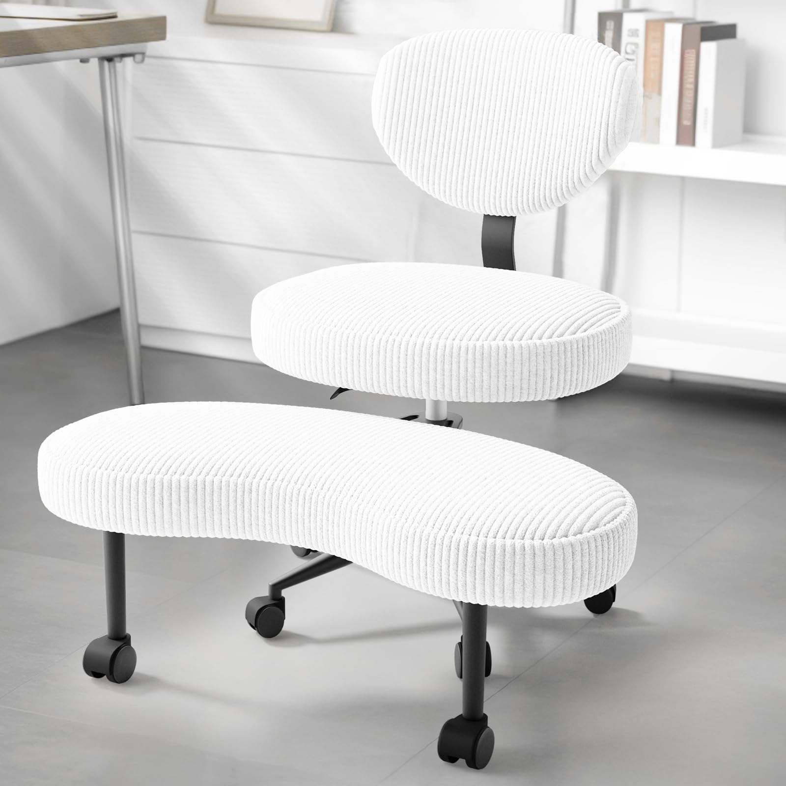 HOMRELEXA Bürostuhl mit Kreuzbeinen, 360° drehbar, Ergonomischer Kniestuhl, Criss Cross Schreibtischstuhl mit Verstellbarer Höhe, ADHS-Meditationsstuhl mit Rückenstütze, Cordstoff, Weiß