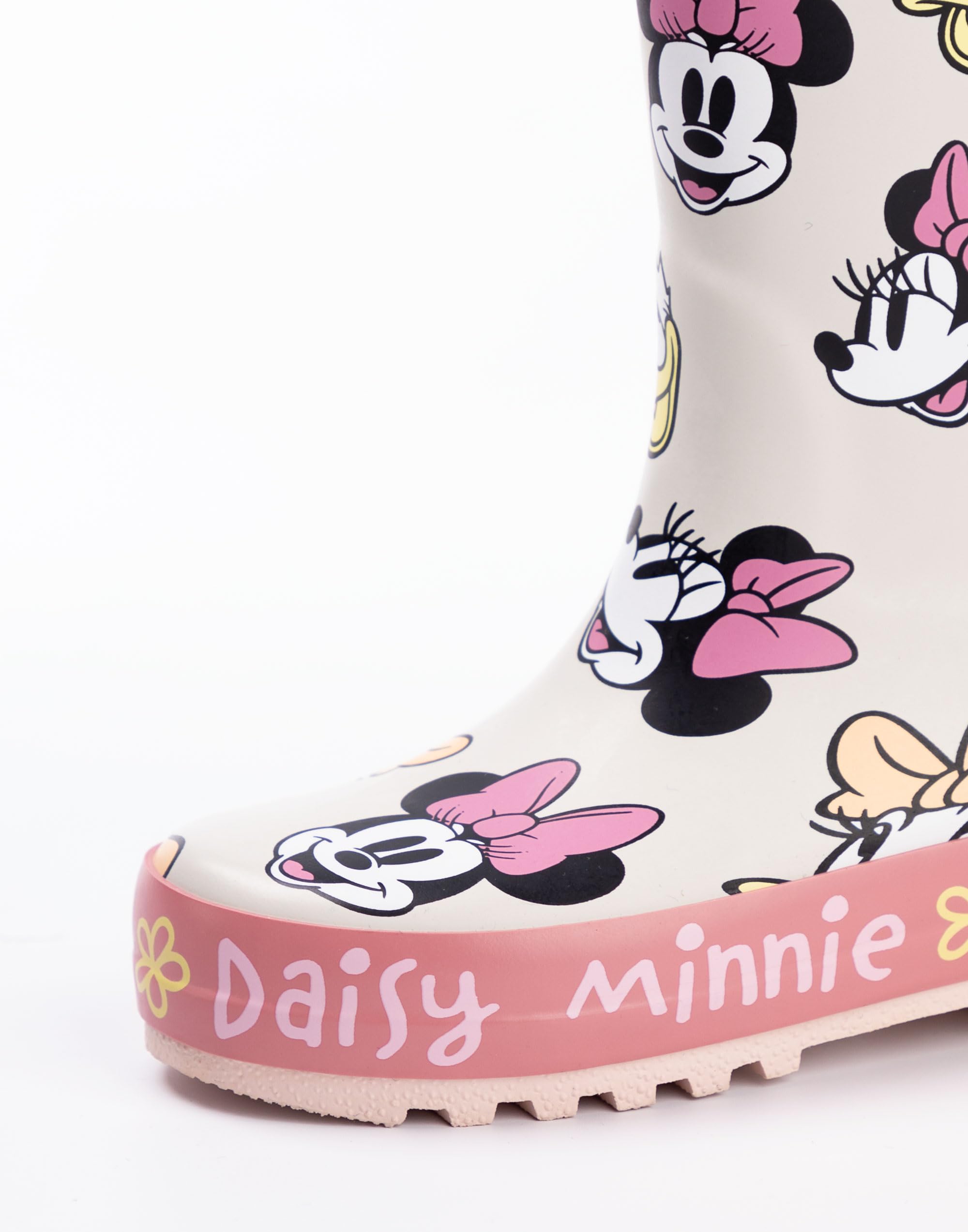 Disney Dziewczynki kalosze z myszką Minnie | Dziecięce kalosze z uchwytem Minnie i Daisy z nadrukiem na całej powierzchni w kolorze beżowym i różowym, wodoodporne, łatwe do wciągania gumowe buty dla