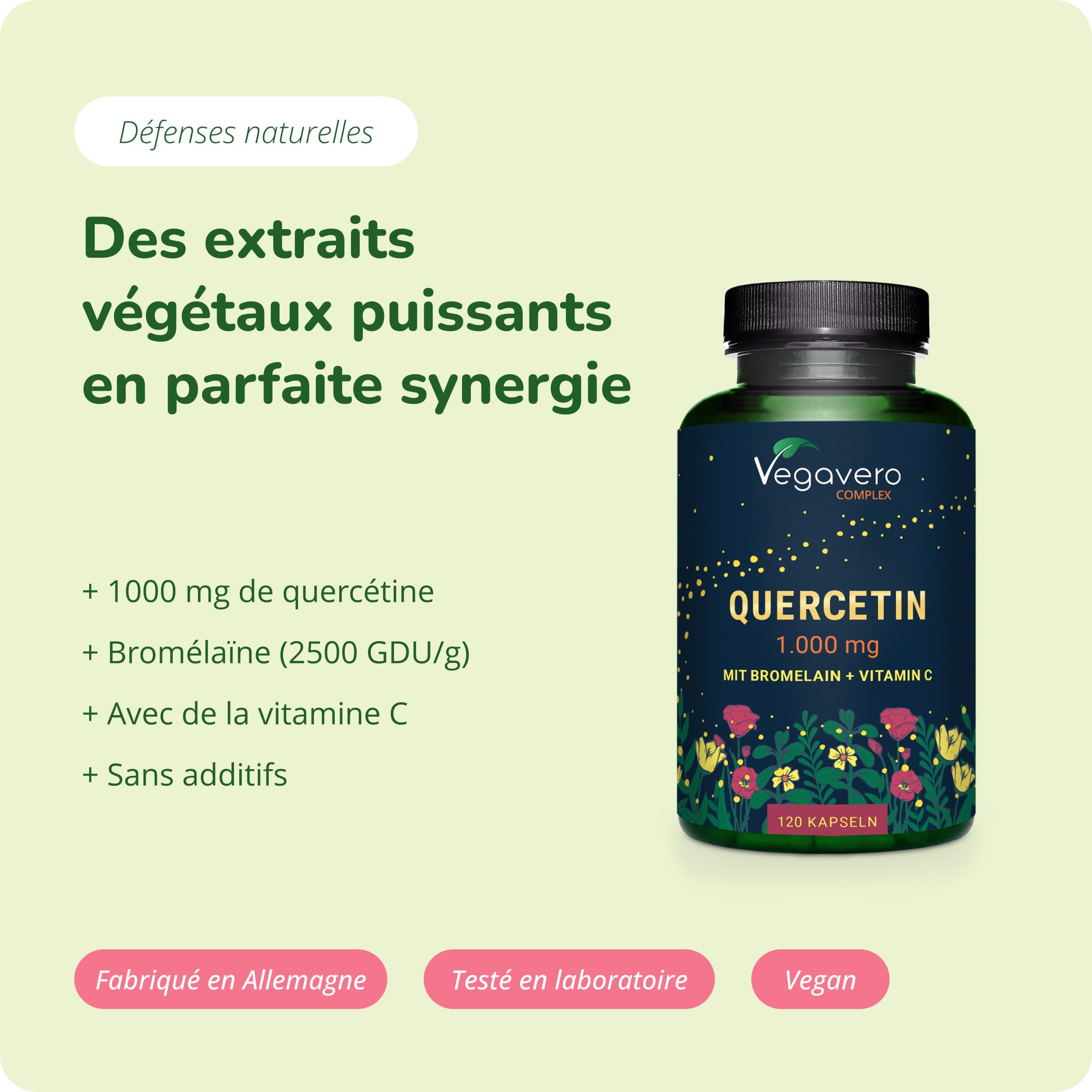 Quercetine Complex 1000 mg | Avec Bromeline + Vitamine C | Allergie + Immunité | Sans Additifs & Vegan | Haute Biodisponibilité | 120 Gélules | Vegavero®