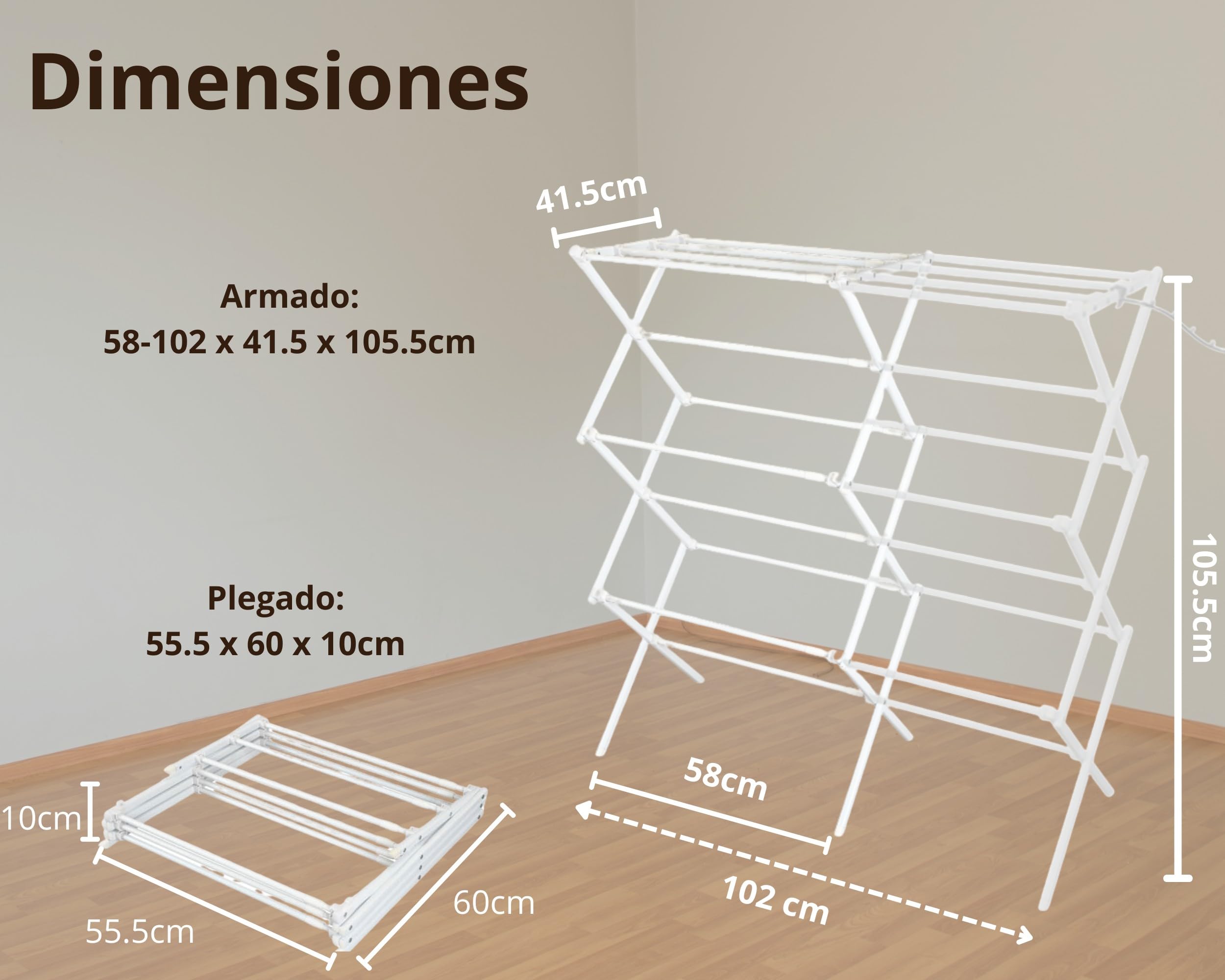 Tendedero Metálico Extensible y Plegable para Ropa | 58–102 x 41,5 x 105,5 cm | 2 Brazos para Perchas | Secar Camisas, Toallas y Prendas Largas | Compacto y Robusto | Blanco