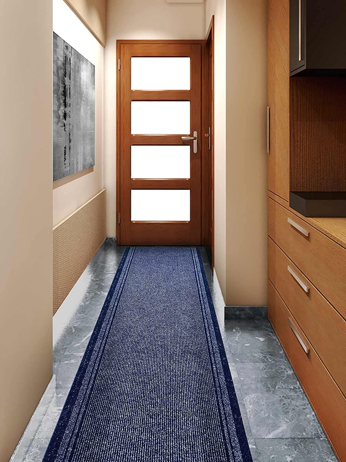 Tappeto Corridoio e Passaggio Malaga, tappeto resistente e antiscivolo, ideale per cucina, ingresso, bagno, larghezza 66 cm, diversi colori e dimensioni (280 cm, blu)