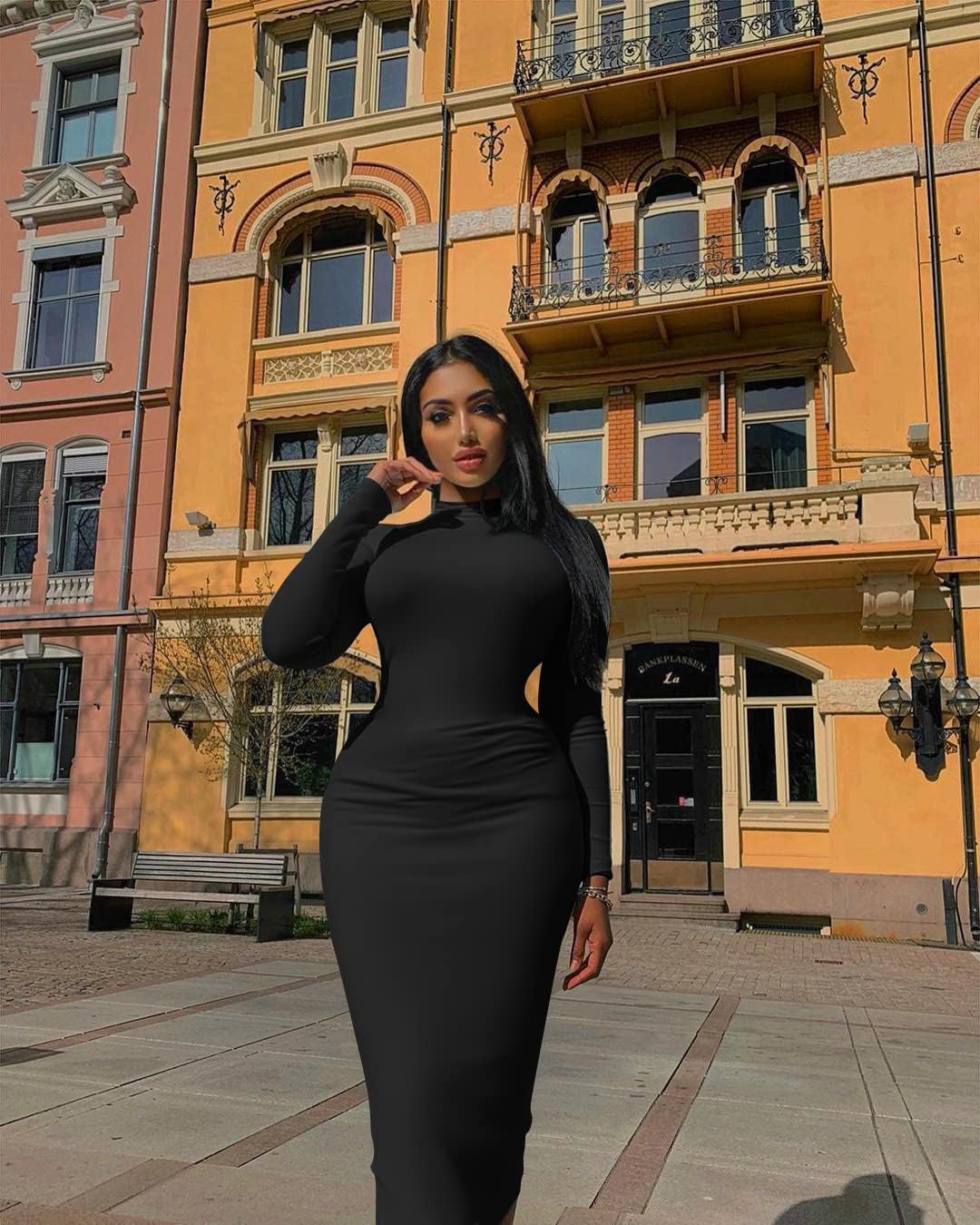 GOBLES Women's Elegant High Neck Long Sleeve Bodycon Midi Party Long Dress - Image 6