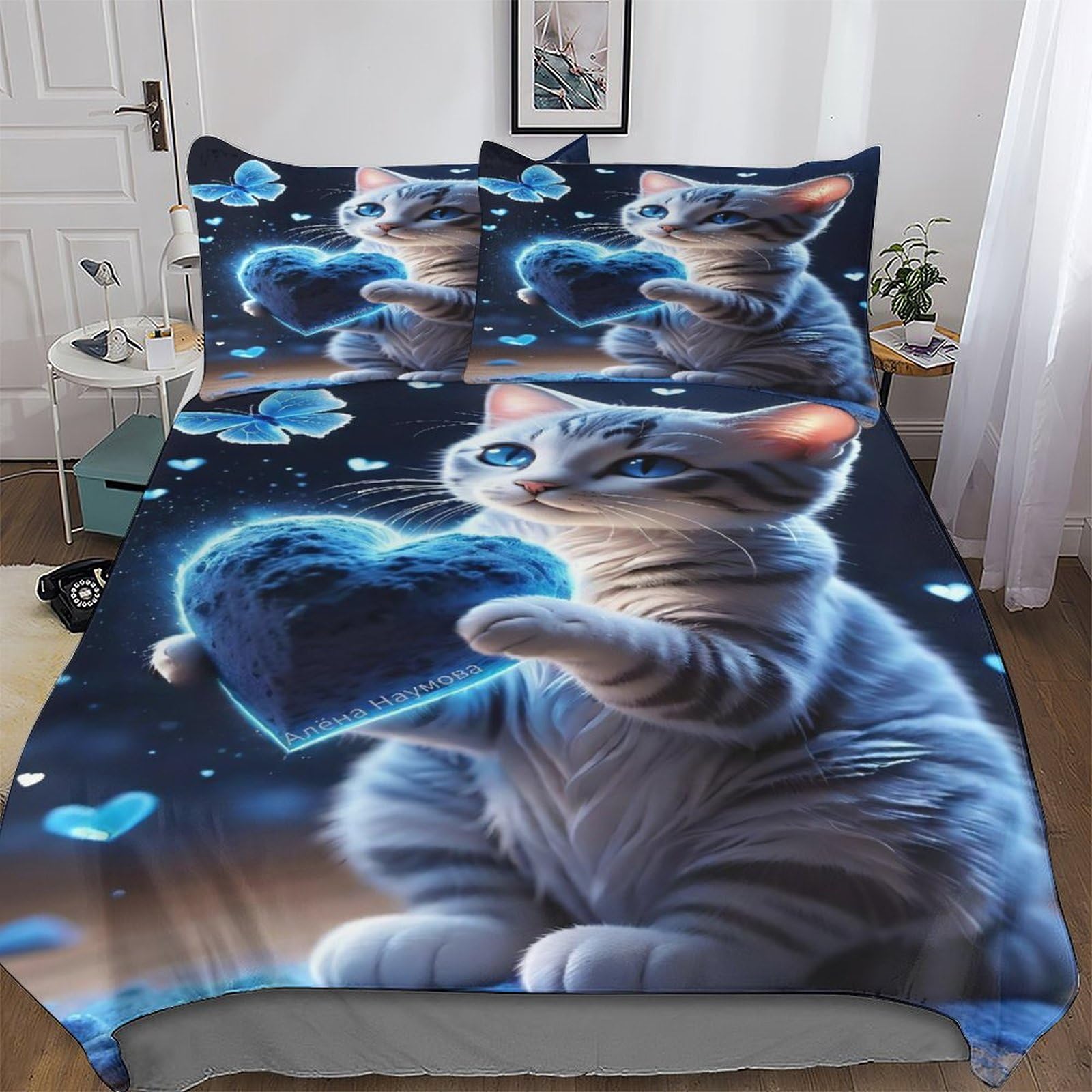 Parure de lit chat avec housse de couette 220x240 cm et taies d'oreiller
