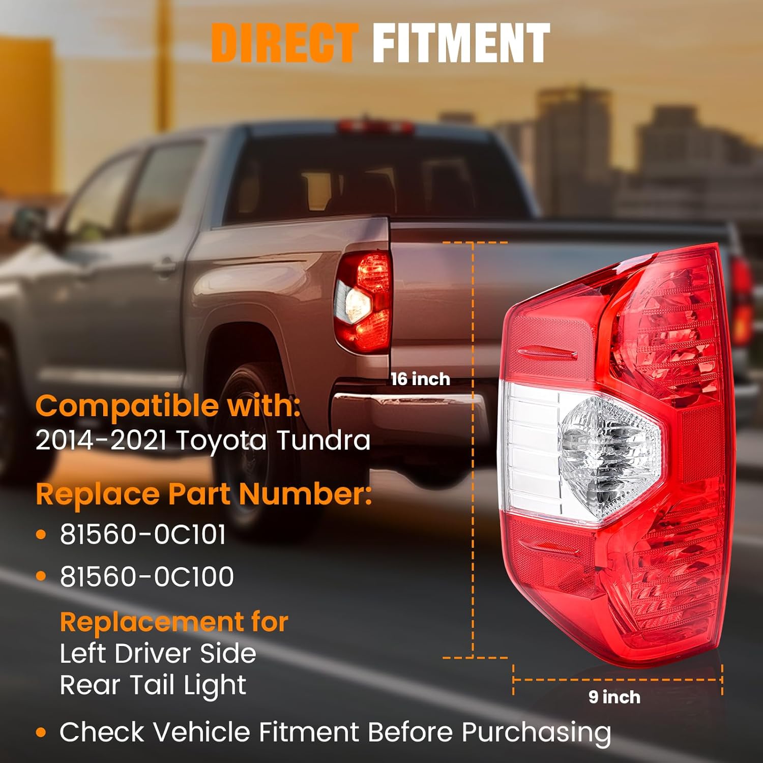 Tail Lights Compatible with Toyota Tundra 2014-2021 Pickup Left Rear Taillight Assembly Red Brake Signal Lamp with Bulbs, Replace # 81560-0C101 81560-0C100
