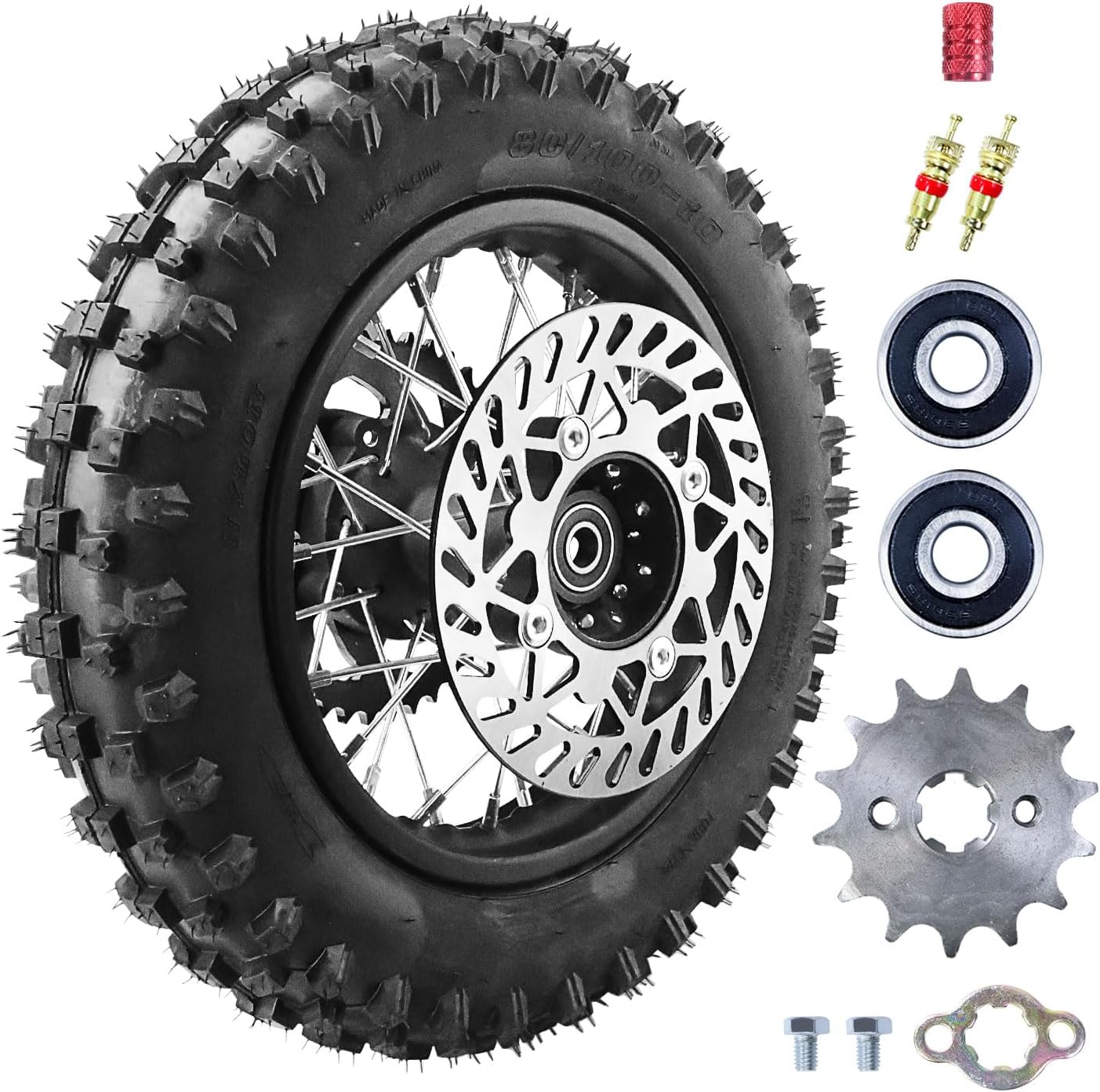 3.00-10 80/100-10 Dirt Bike Rear Rim Wheel Tire With 15mm Bearing 190mm Brake Disc And 420 41T Rear Chain Sprocket For 50cc 70cc 90cc 110cc 125cc SSR CRF XR Apollo Pit Bike Mini Motorcycle