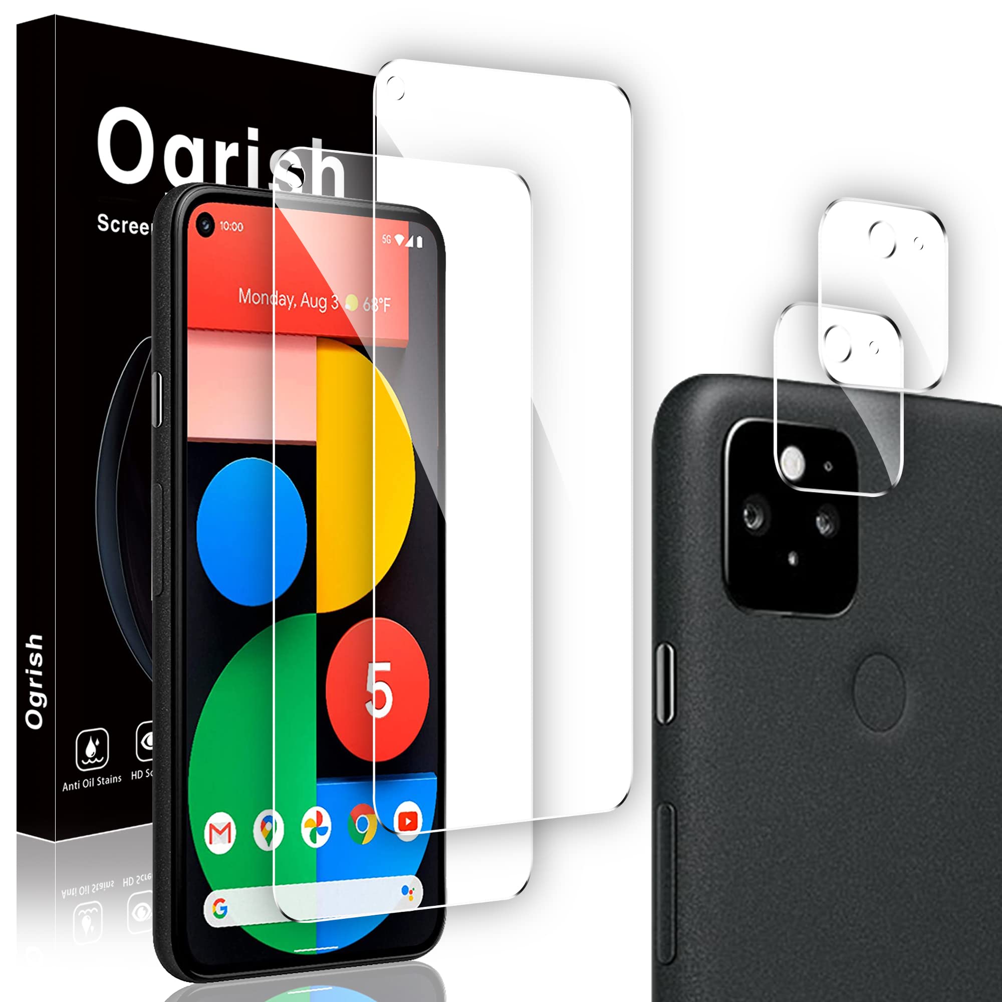Ogrish 2 Pack Tempered Glass Screen Protector for Google Pixel 5 - and 2 Pack Camera Lens Protector【HD Clarity】【Anti-Scratch】【Case Friendly】【