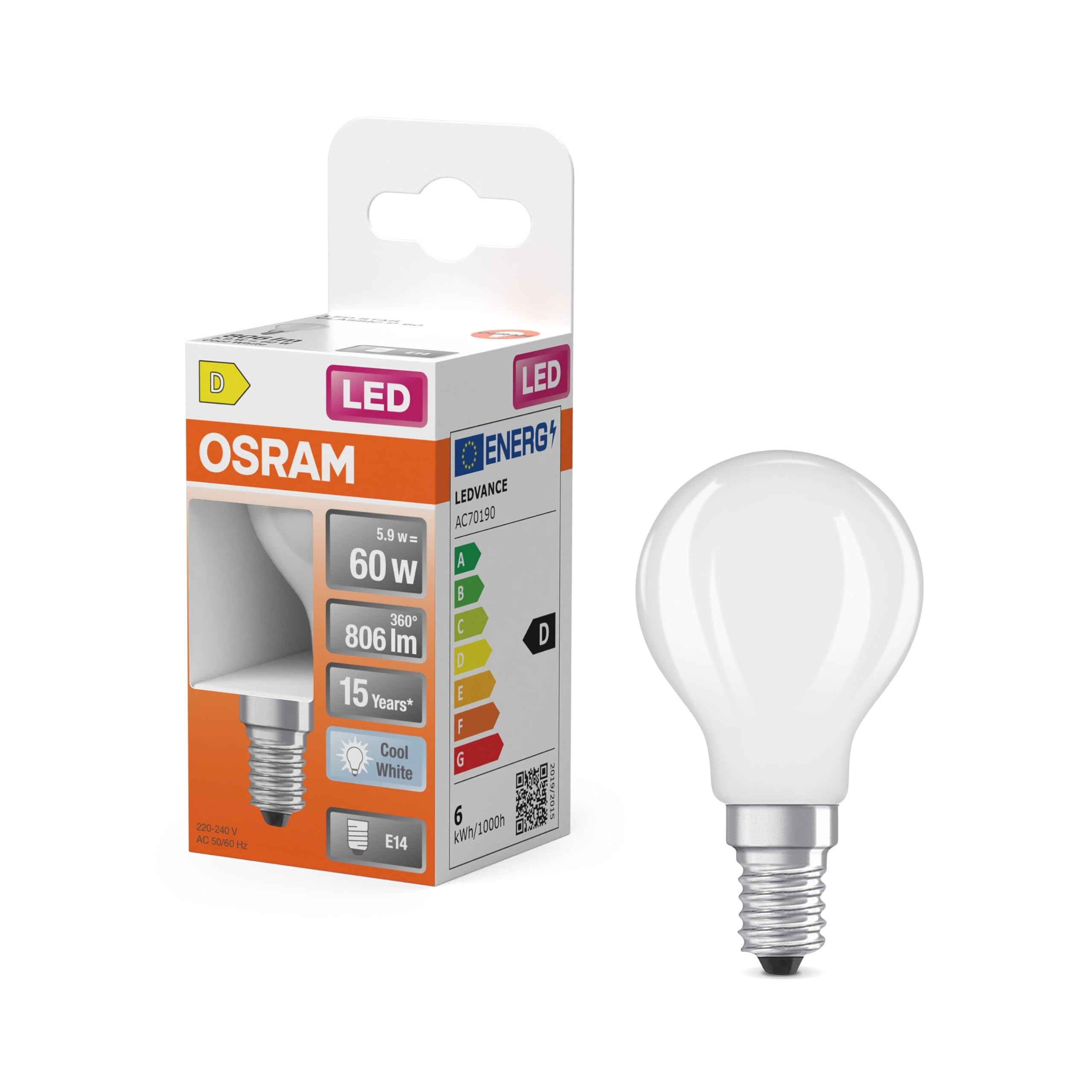OSRAM LED Star Globe in Classic mini Ball Shape, 5.5 W / 806 lm, 4000 K for Cool White, CRI 80, Made of Lead-Free Frosted Glass, E14 Socket, IP20, EEK D, 45 mm Diameter.