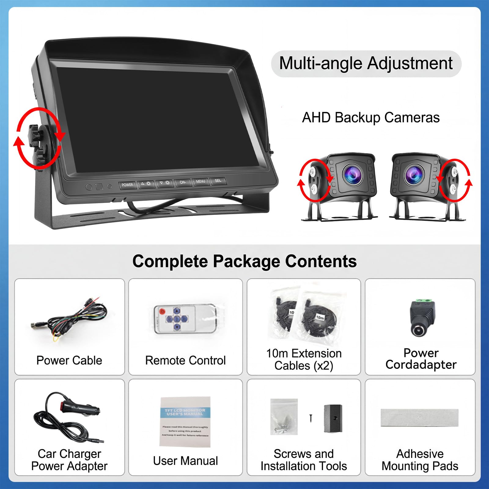Backup Camera Set con Monitor HD da 9", Visione Notturna a Colori, Impermeabile IP69, 2 Reversing Cameras con Cavo da 10m per Camper/Camion/Autobus/Furgoni/Rimorchi/Pick-up (12-35V)