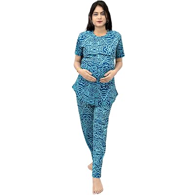The Starmom Women's Zipless Cotton Blend Printed Maternity & Feeding Night Suit Set of Top & Pajama Set | Pre & Post Pre