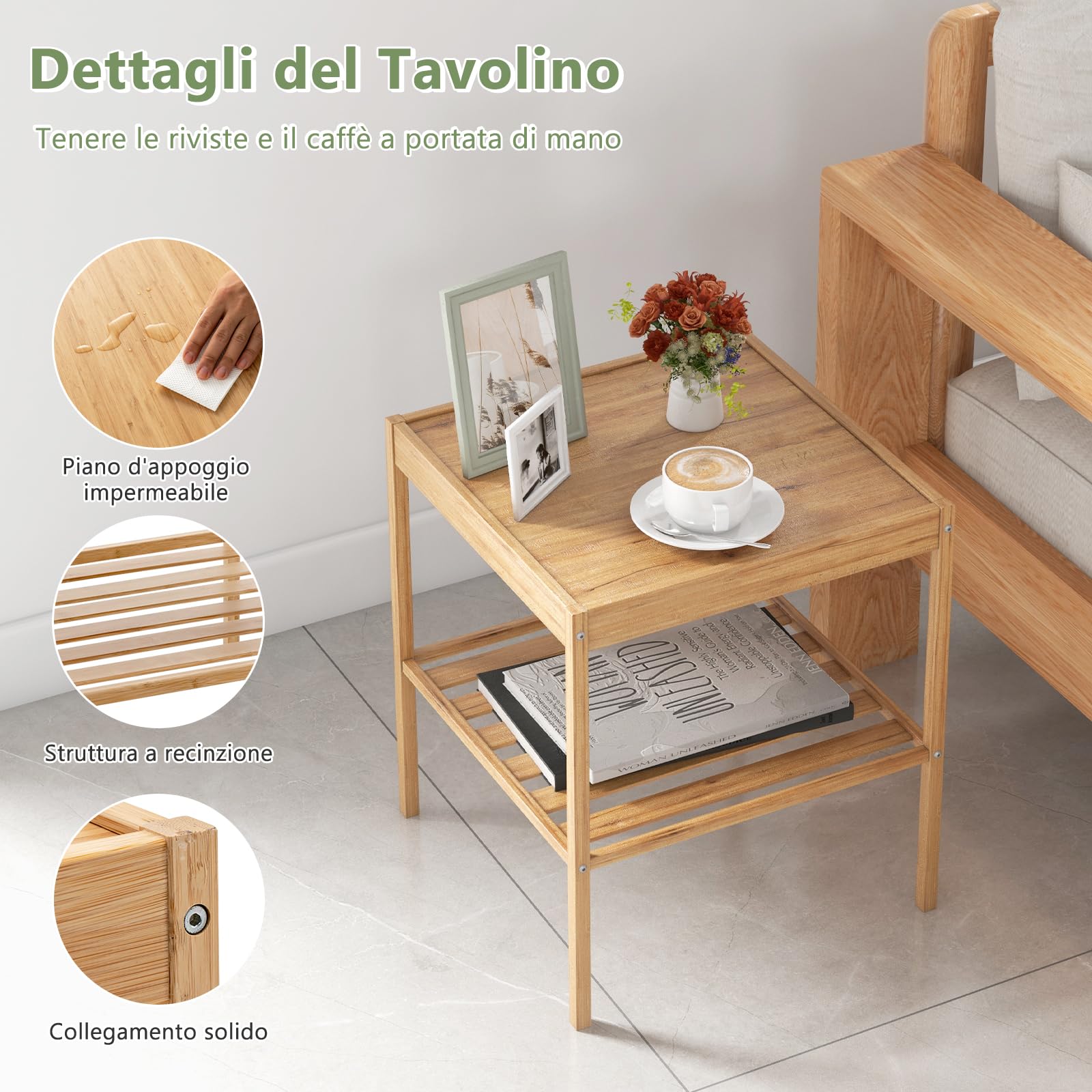 GYMAX Set di 2 Comodini in Bambù, Comodino a 2 Ripiani Portaoggetti, Set di 2 Tavolini Moderno da Soggiorno Camera da Letto, 40 x 40 x 45 cm, Naturale