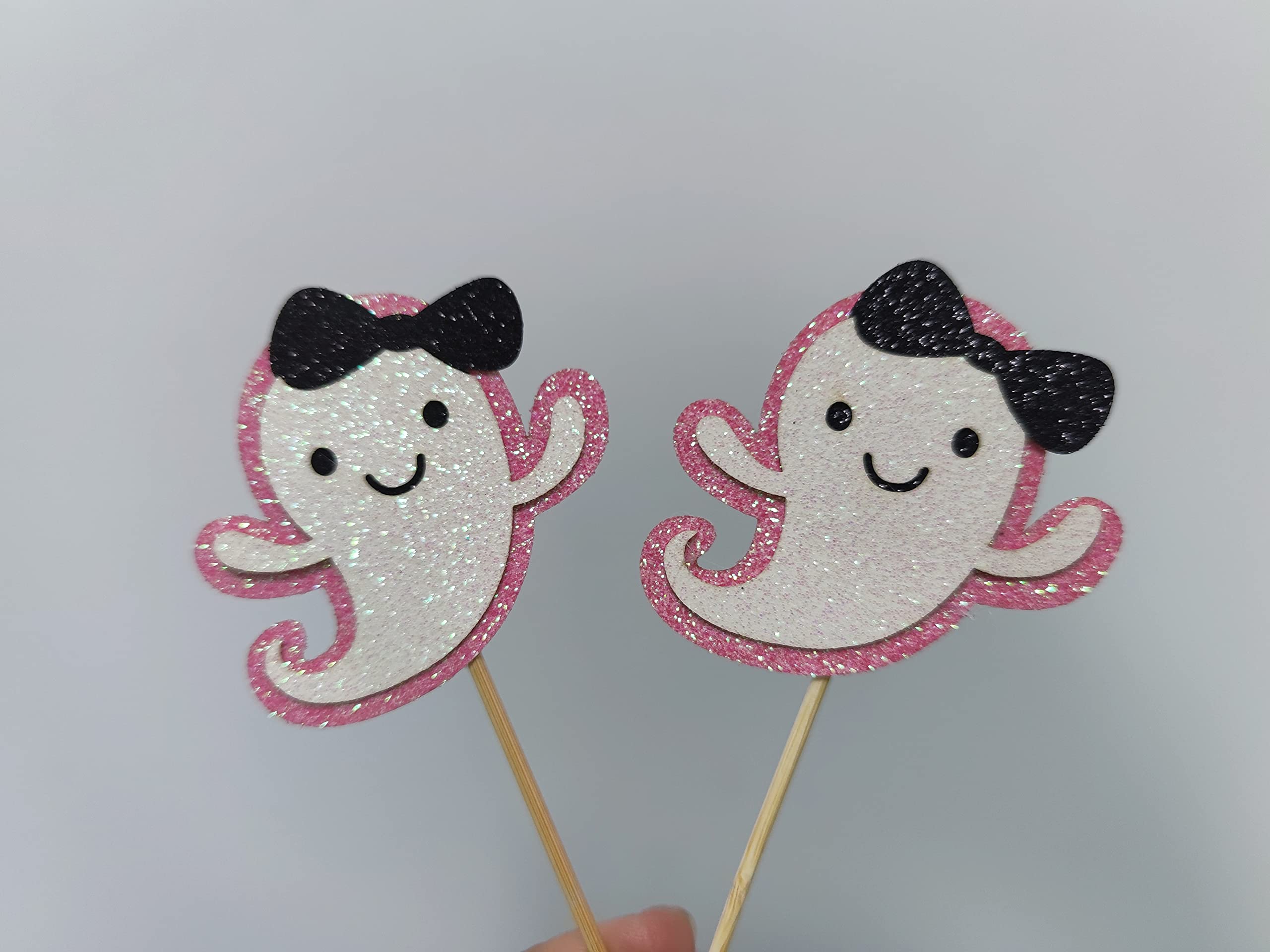 24-Pack Halloween Ghost Cupcake Toppers - Double Sided Glitter In White & Pink For Ghost Boo Theme Parties
