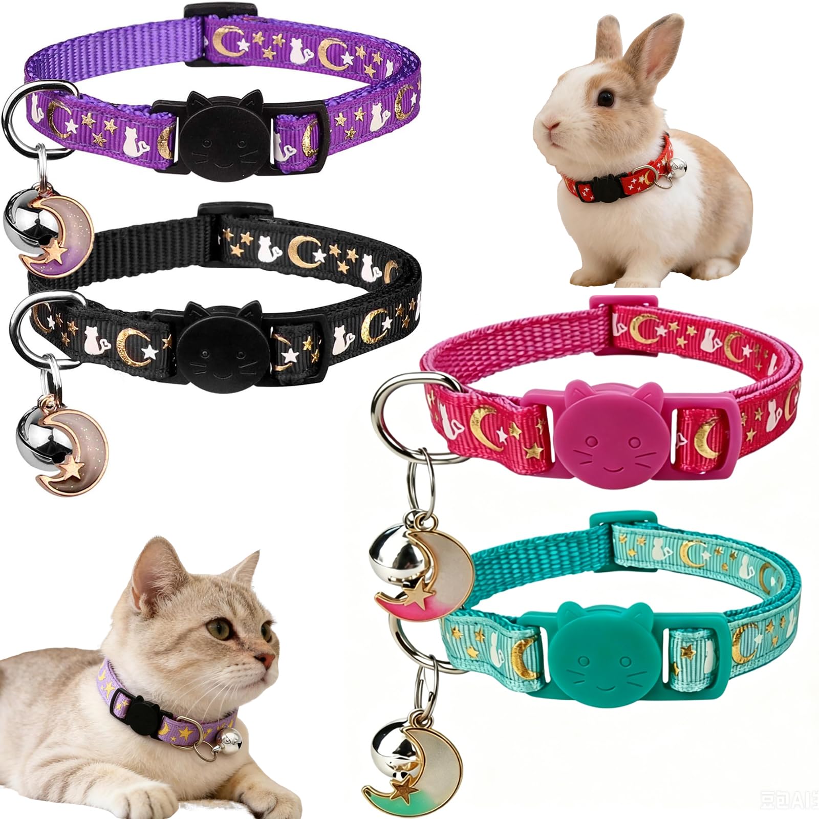 4 PCS Breakaway Cat Collar with Bell Moons Stars, Kitten Collar and Adjustable with Pendant Glow in The Dark, Cute Kitty Collar for Girl Boy Cats, Pet Gifts(4 Colors)