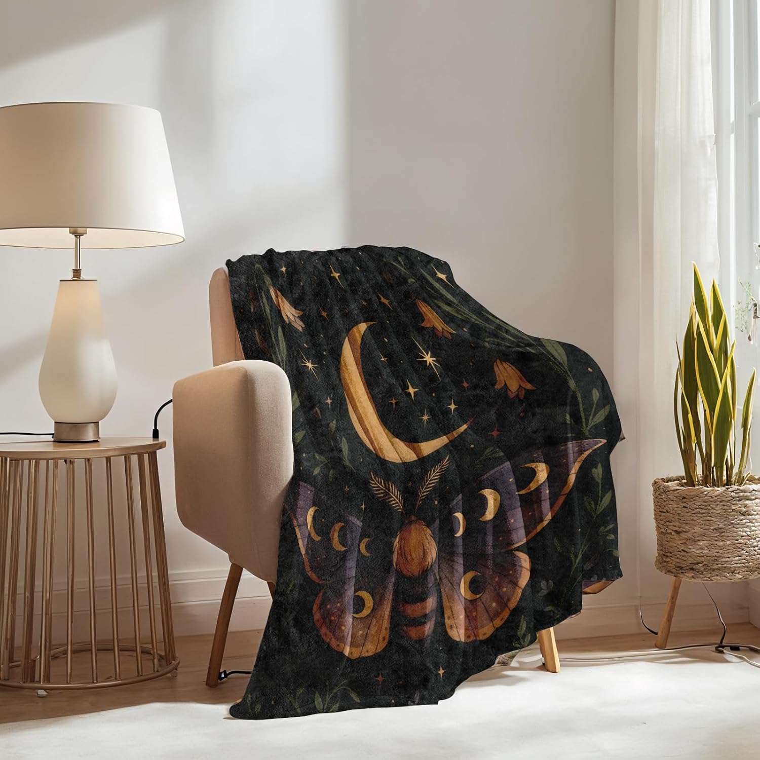 Moth Moon Blanket Gifts for Boys Girls Kids, Mystical Celestial Warm Soft Flannel Throw Blankets for Travel, Sofa, Living Room, Bedroom Decor, 50x60 in