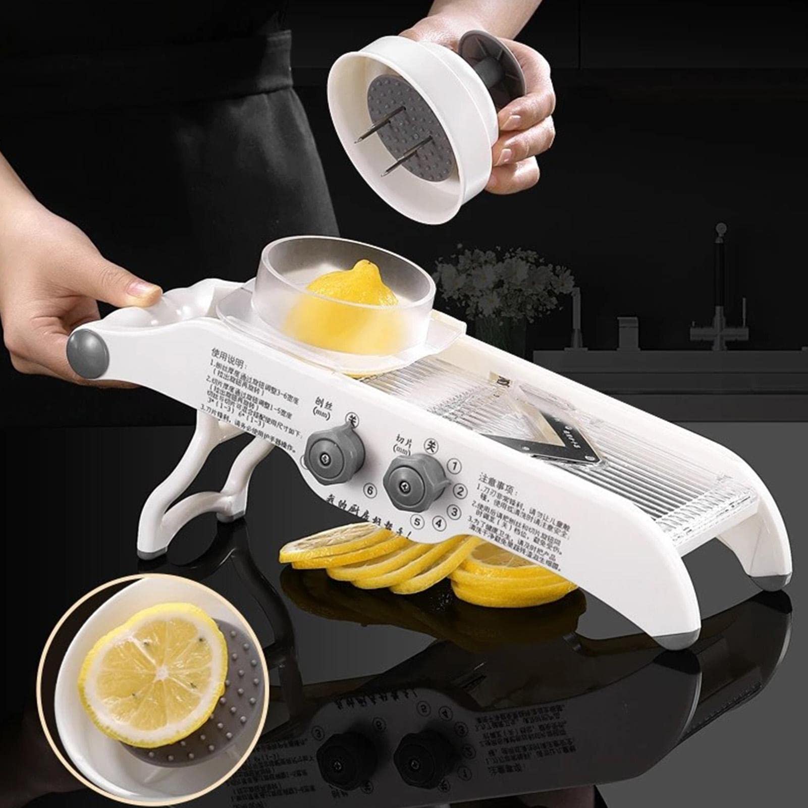 Trancheuse à citron – Trancheuse manuelle pour légumes et fruits avec récipient, épaisseur réglable, machine à trancher pour terre, citron, lingjiong