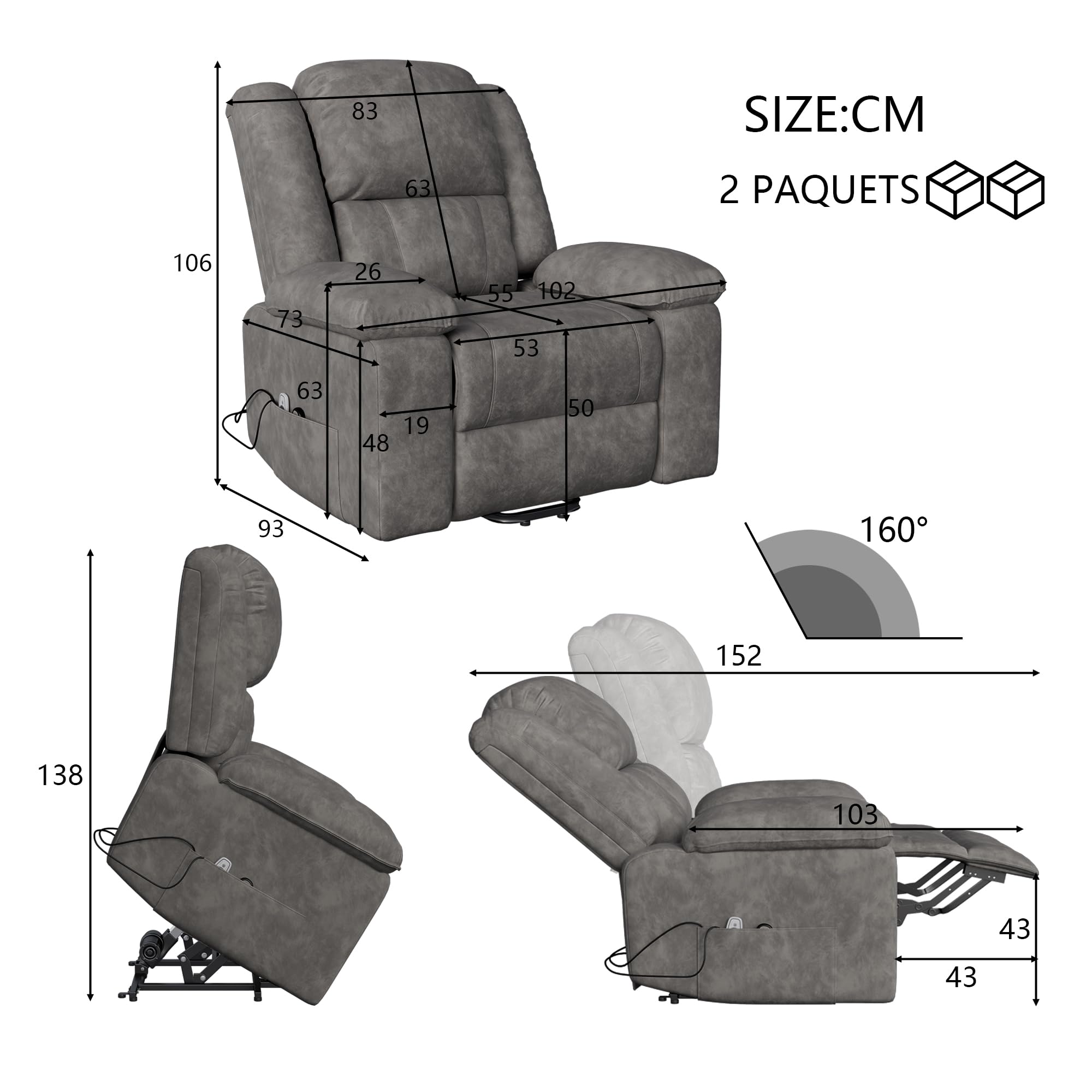 Sillon Relax Electrico, Sillón Reclinable Eléctrico con Calefacción y Reposapiés, Sillón Relax Reclinable con Vibración y Función de Masaje, con reposamuñecas, Gris