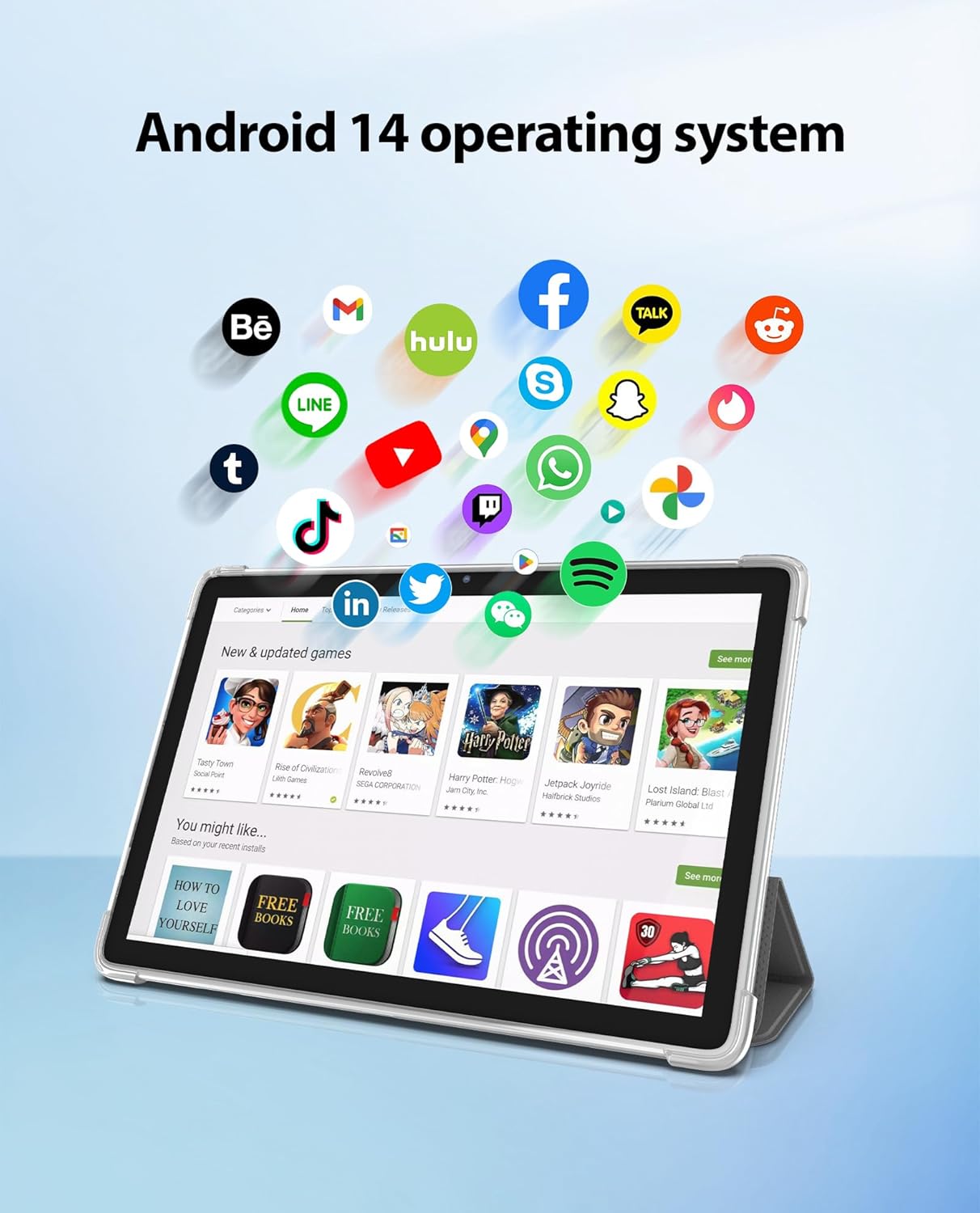 BAKEN TAB 10 Tablet PC displaying the Android 14 home screen with various app icons.