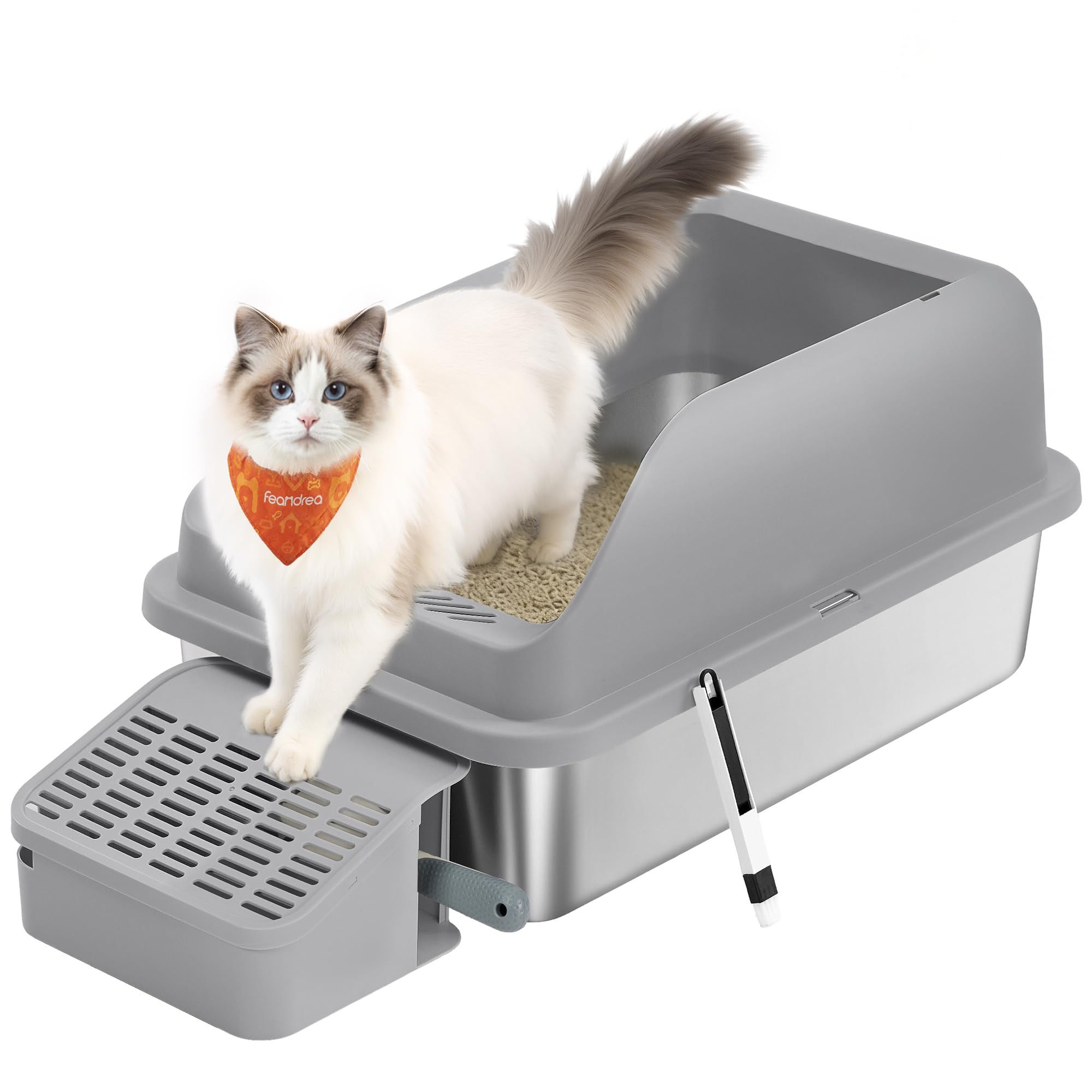 Feandrea Arenero para Gatos de Acero Inoxidable, Bandeja Alta con Apertura Superior, Escalón, Pala y Cepillo, para Gatos de hasta 15 kg, Gris Pizarra PPT008GN01