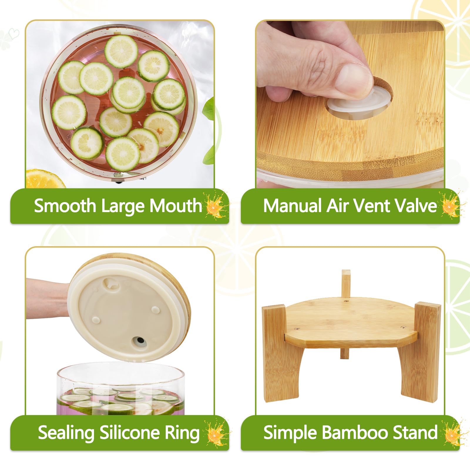 Dispenser per bevande in vetro borosilicato resistente alle alte temperature, con coperchio a bocca larga, barattolo per bevande calde con supporto in bambù, per succhi di frutta, acqua, tè