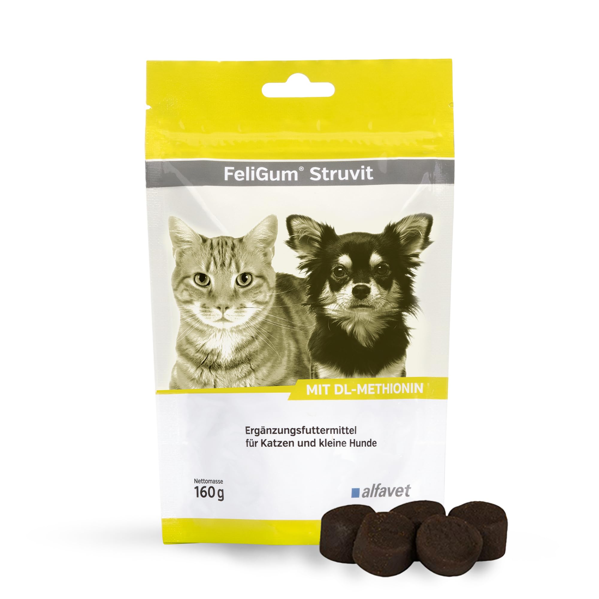 Alfavet FeliGum Struvit | Confezione da 3 | 3 x 160 g | Mangime complementare per gatti e cani di piccola taglia | Per mantenere un pH sano nelle urine | Contiene DL-metionina