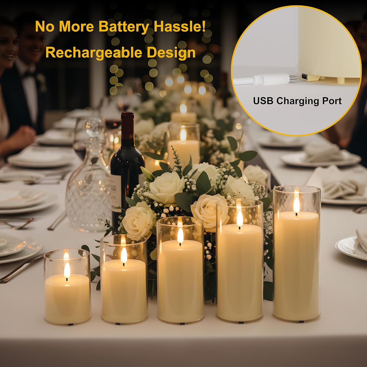 Rechargeable Flameless LED Candles, Flickering Candles, 5pc Pillar Candles for Valentine's Day, Wedding, Centerpiece Table Decorations, Home Decor, Anniversary